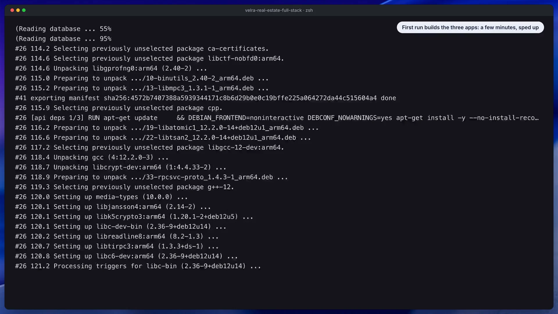 Velra install video still: starting the API, public website and agency dashboard with Docker