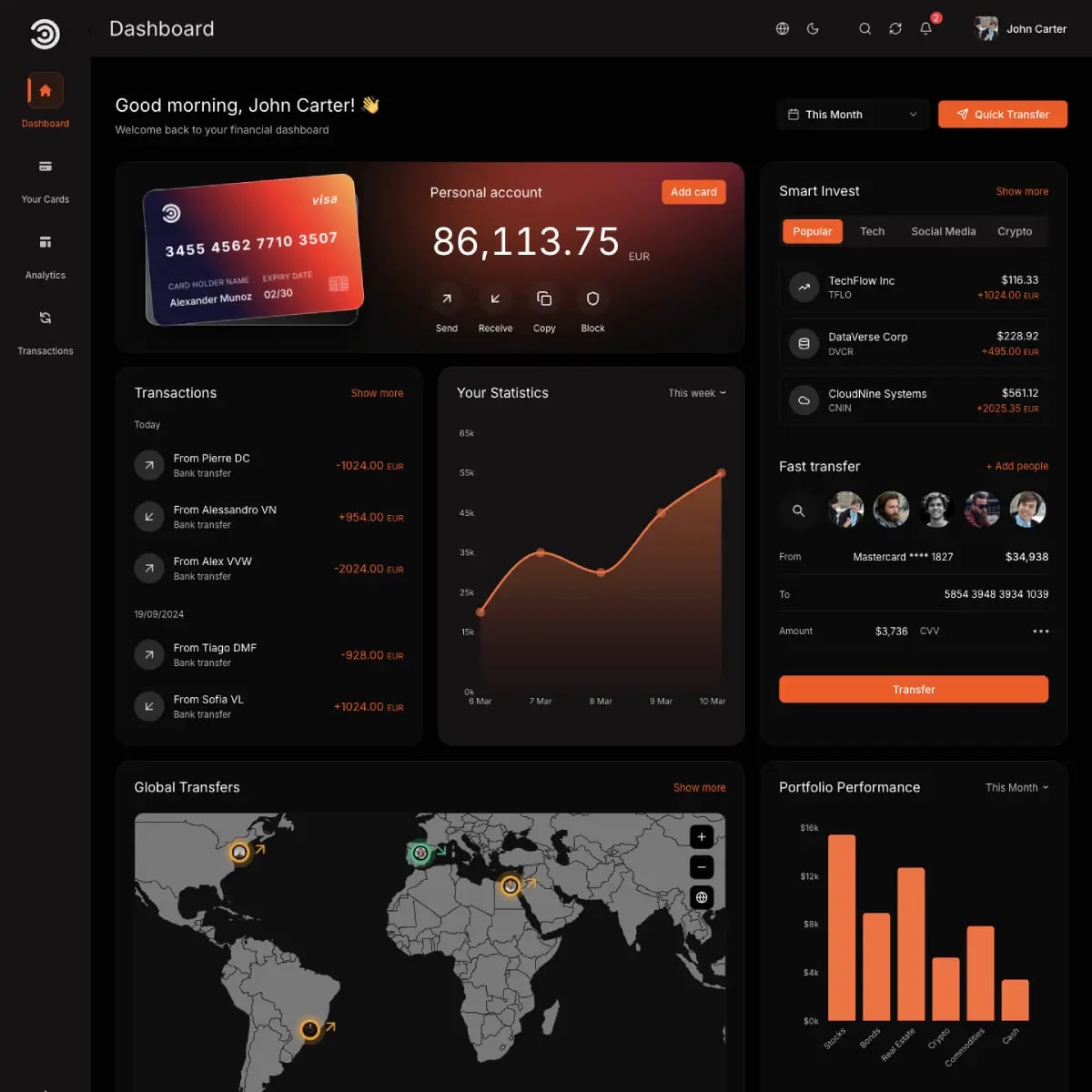 Diseño de dashboard fintech en modo oscuro con tarjetas de cuentas, tabla de transacciones y gráficos