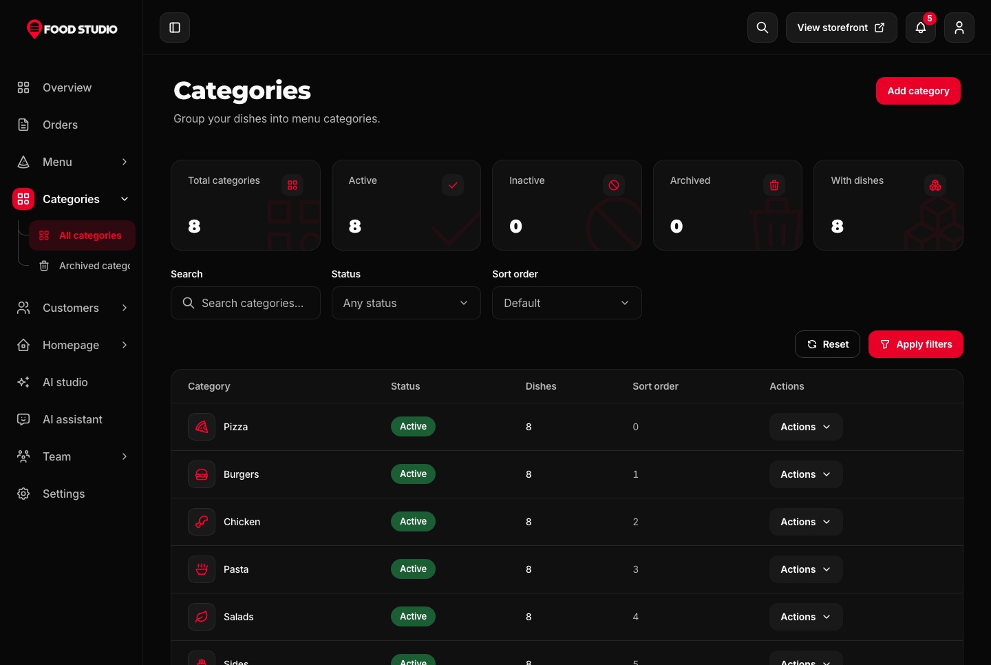 Categories, dark theme