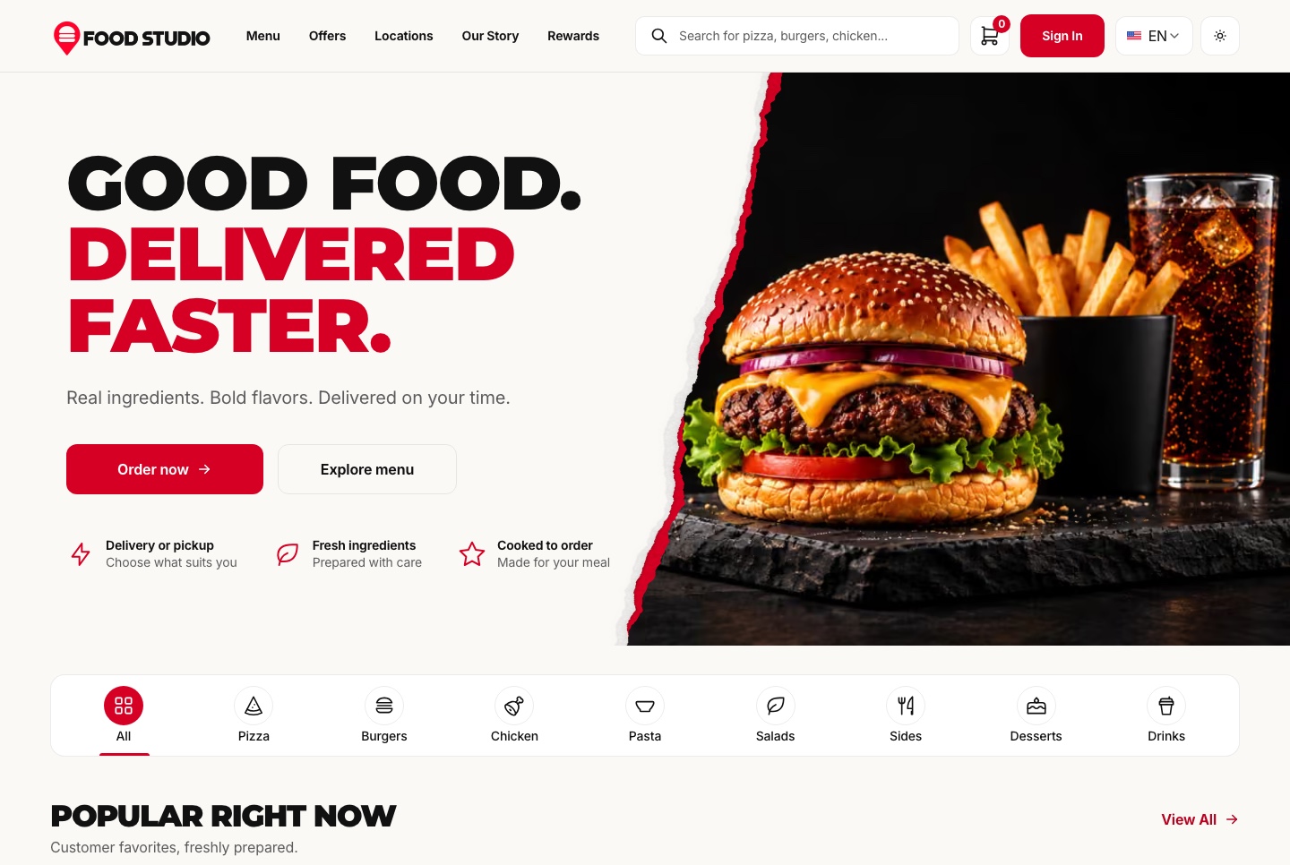 Home: the hero, the order buttons and the category bar, light theme