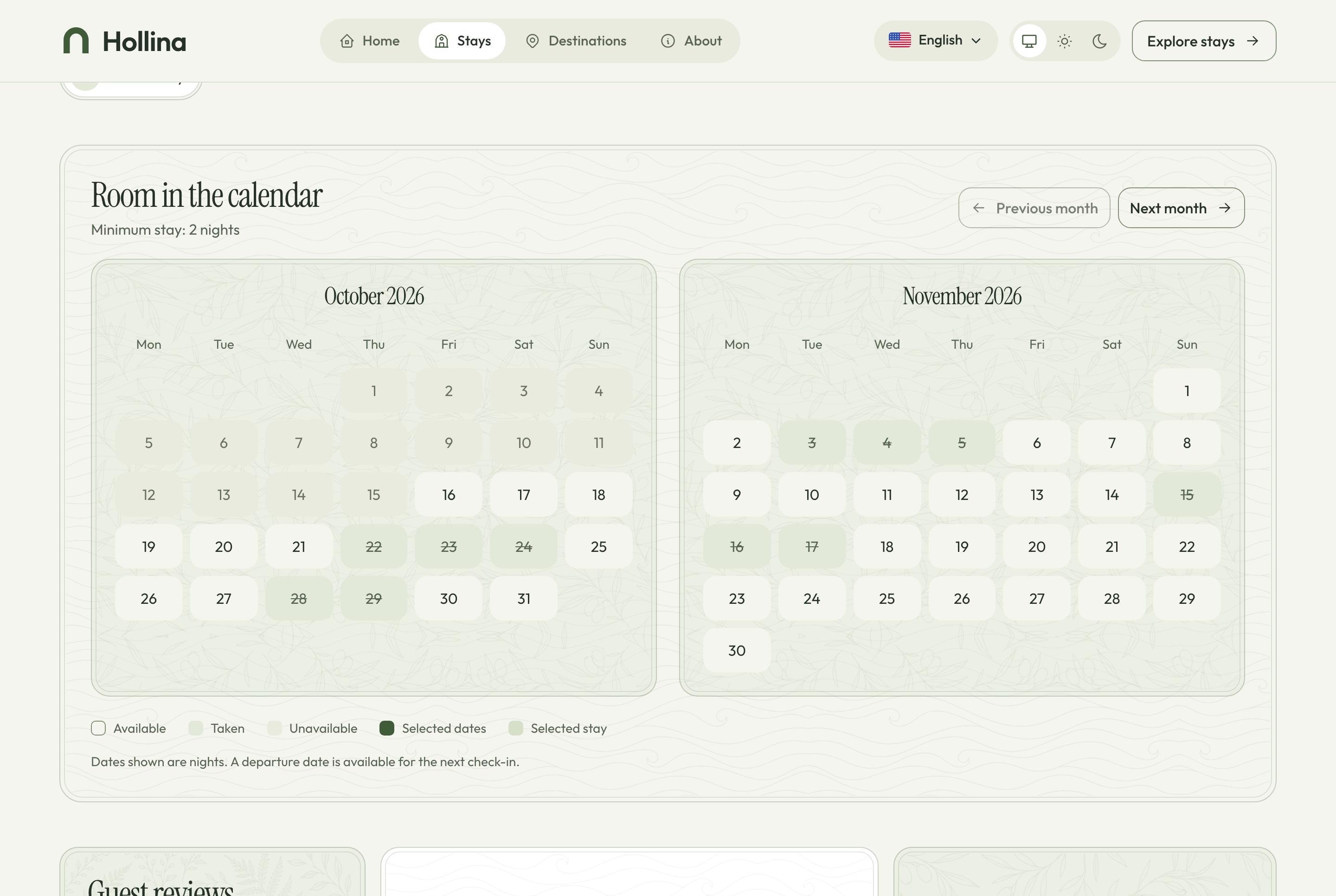 Stay page: availability calendar, light theme