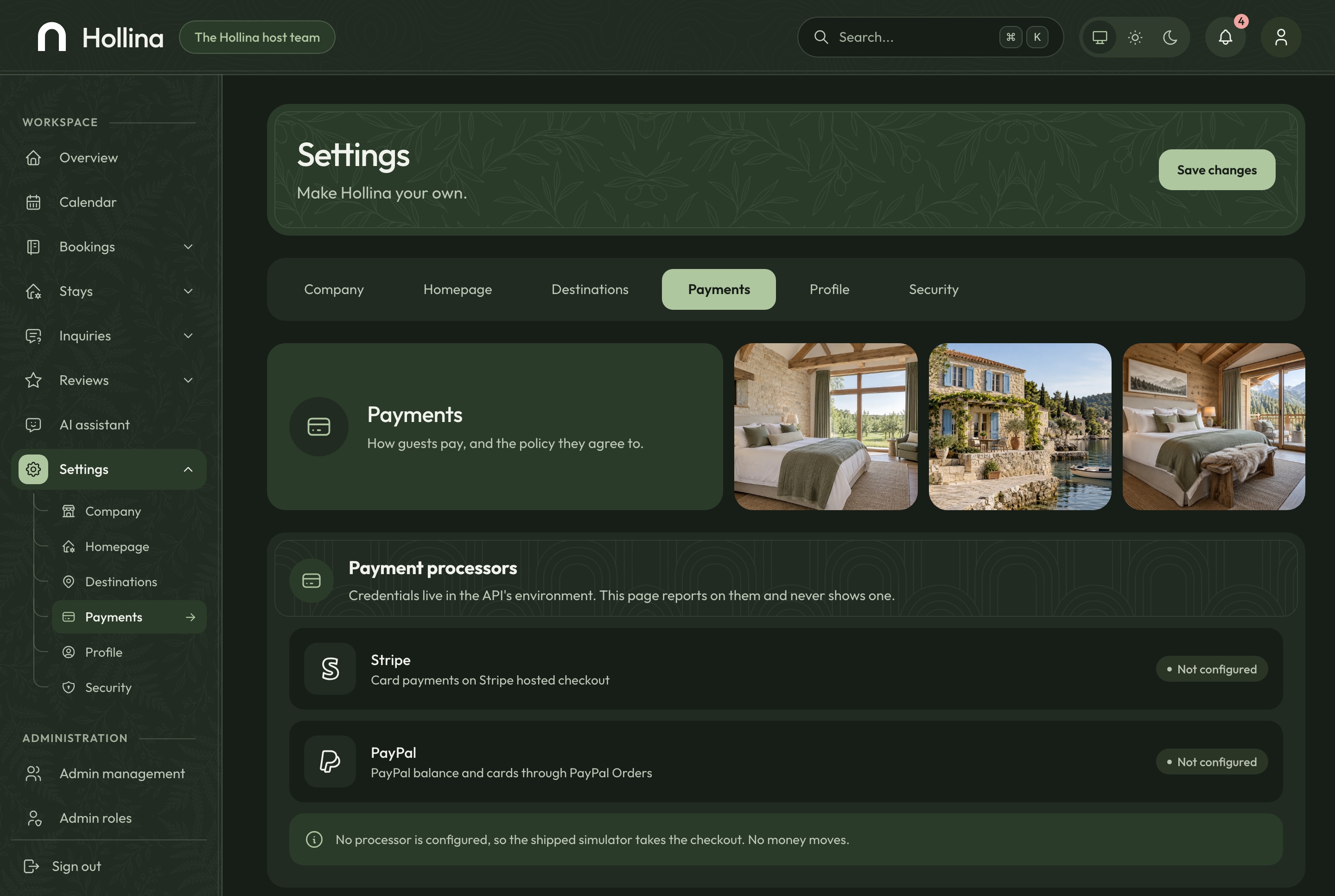 Settings: payments, dark theme