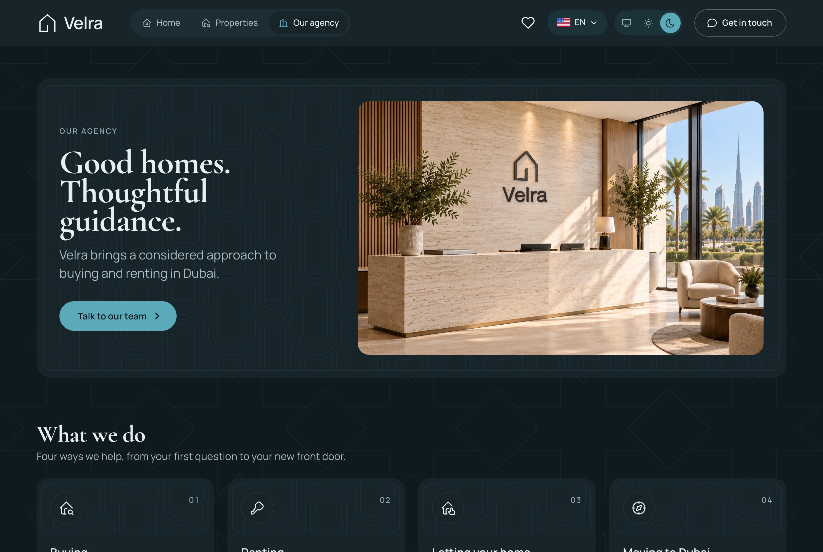 The agency page, dark theme