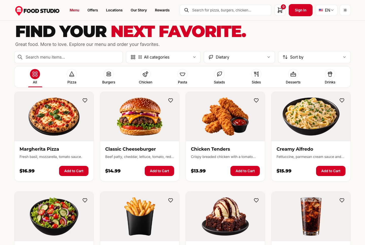 Menu with search, category, dietary and sort filters, light theme