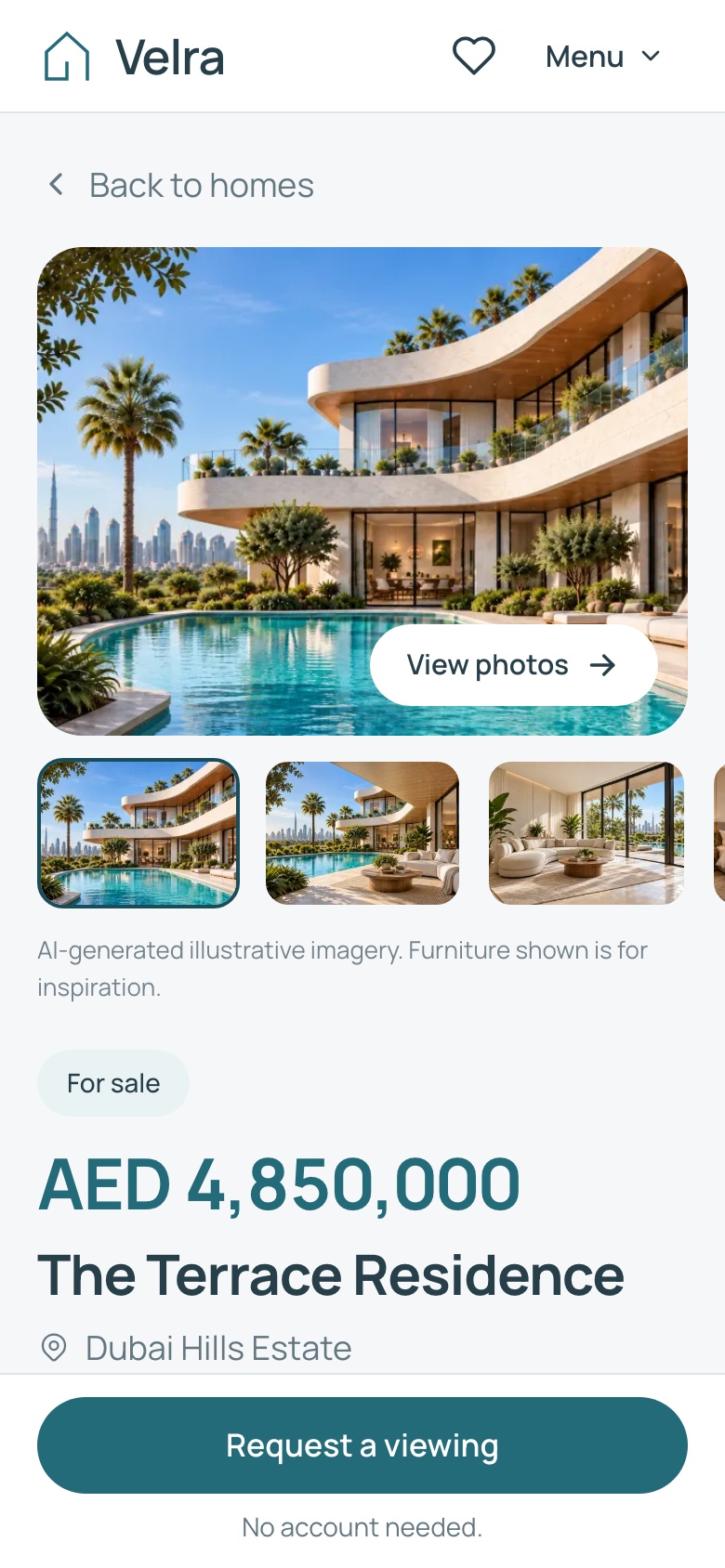 Mobile property detail with the sticky viewing bar, light theme