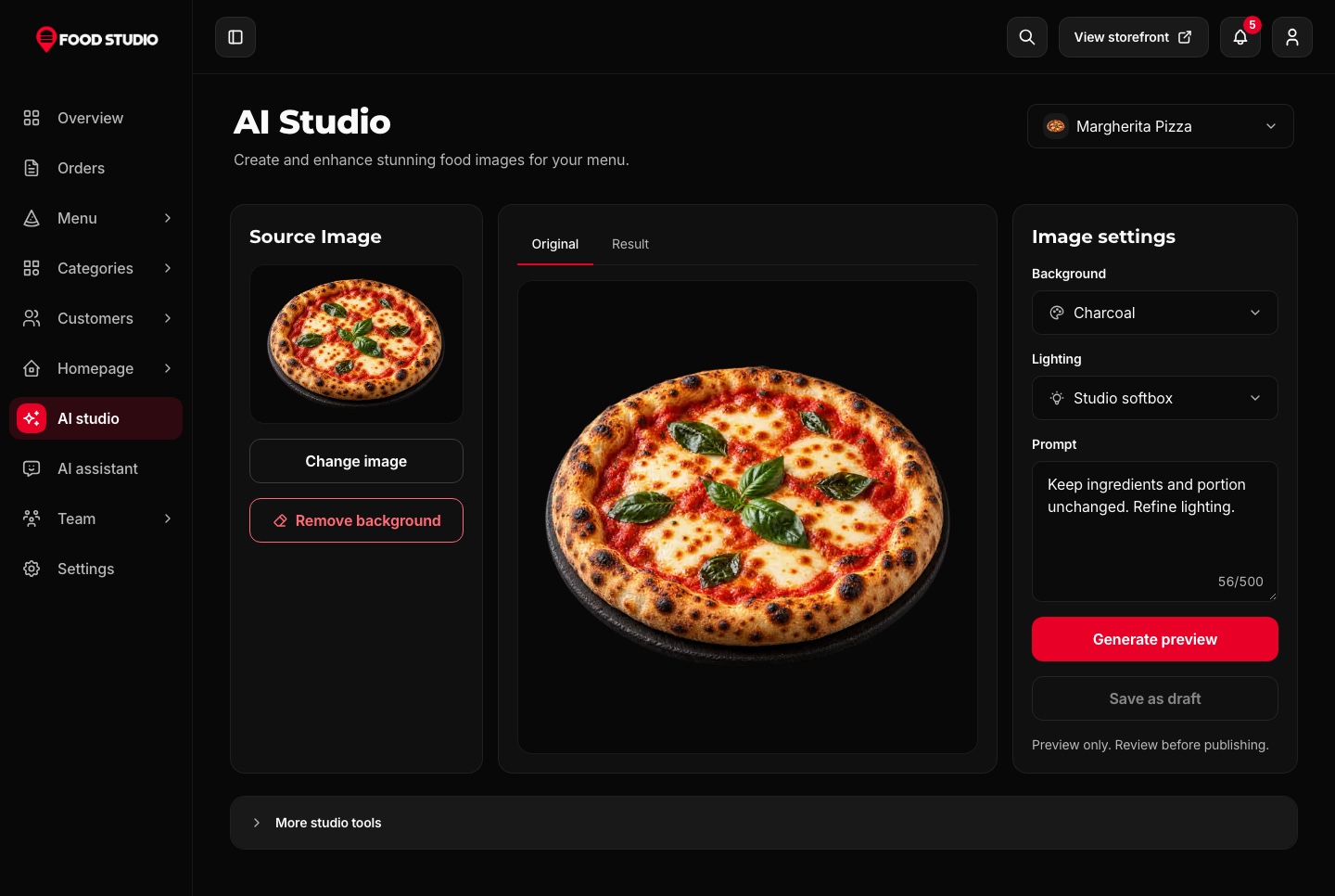 AI studio for dish photos, dark theme