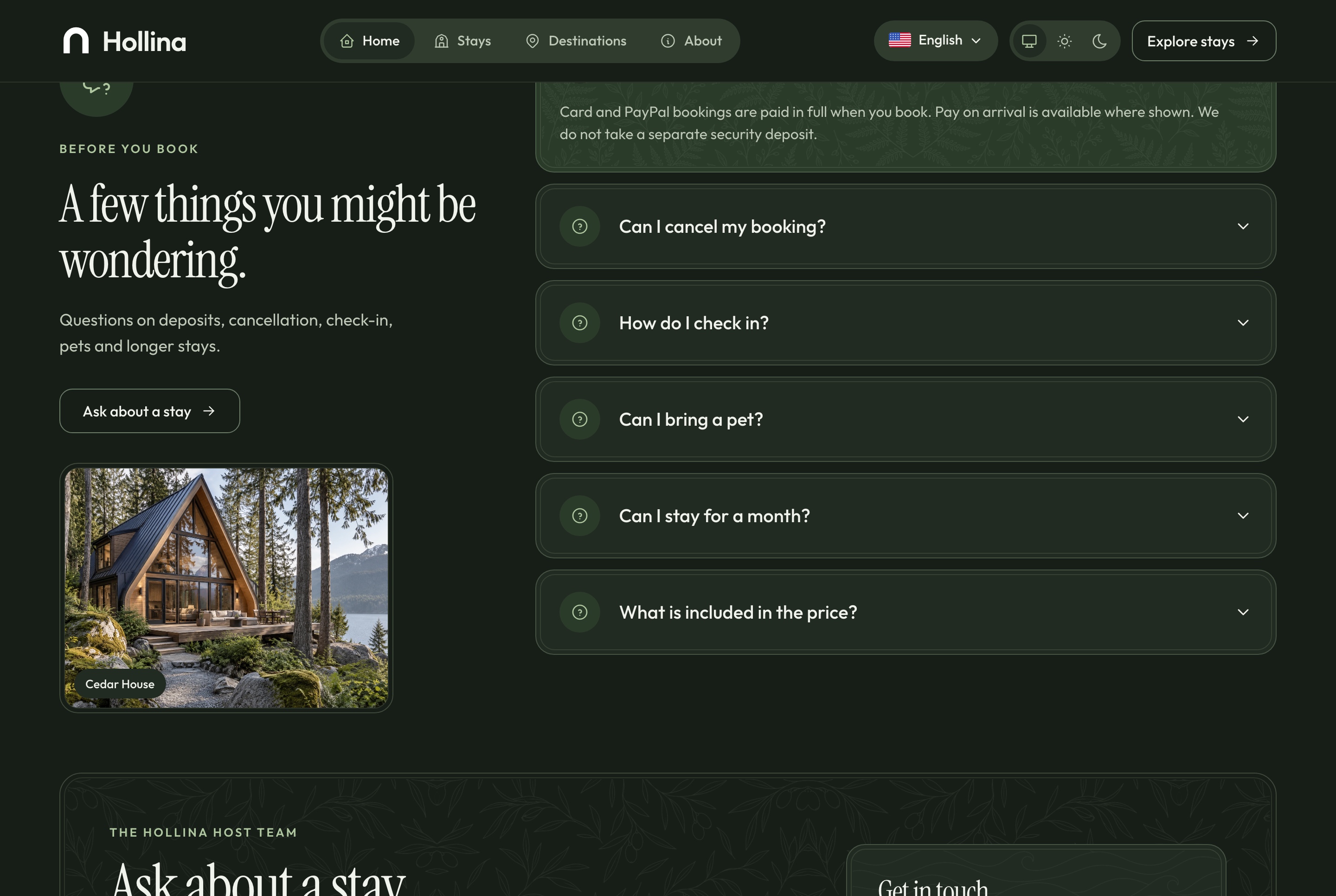 Home: questions and contact, dark theme