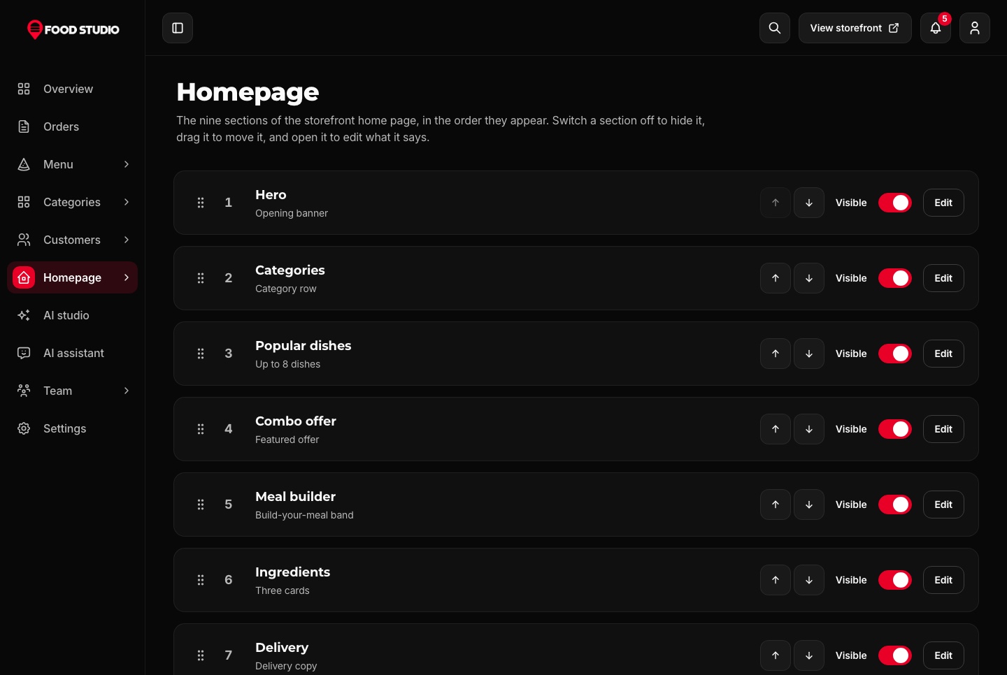 Homepage sections, dark theme