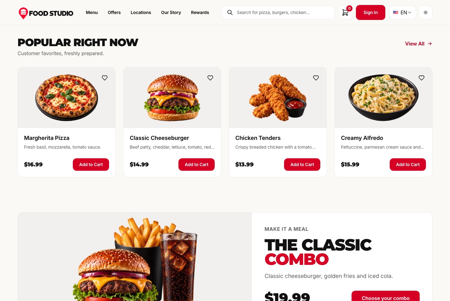 Home: popular dishes and the combo offer, light theme