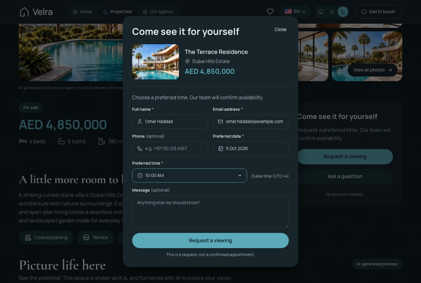 The viewing request dialog, dark theme