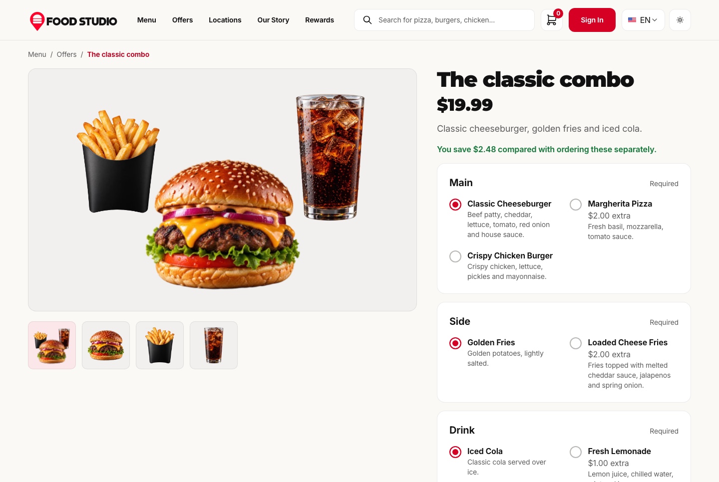 Combo page with a choice per course, light theme