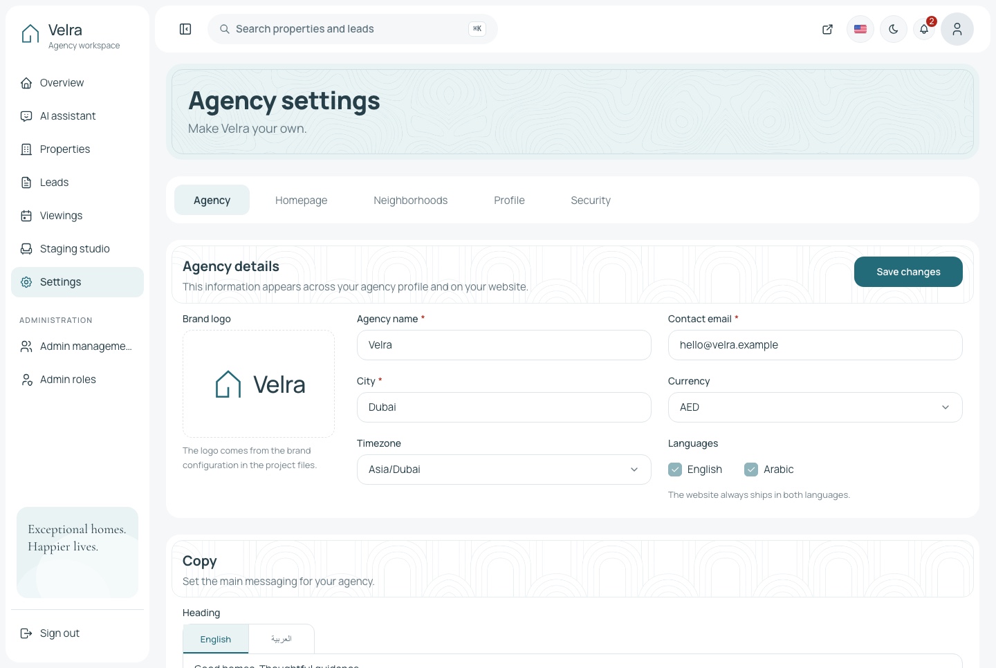 Settings, light theme