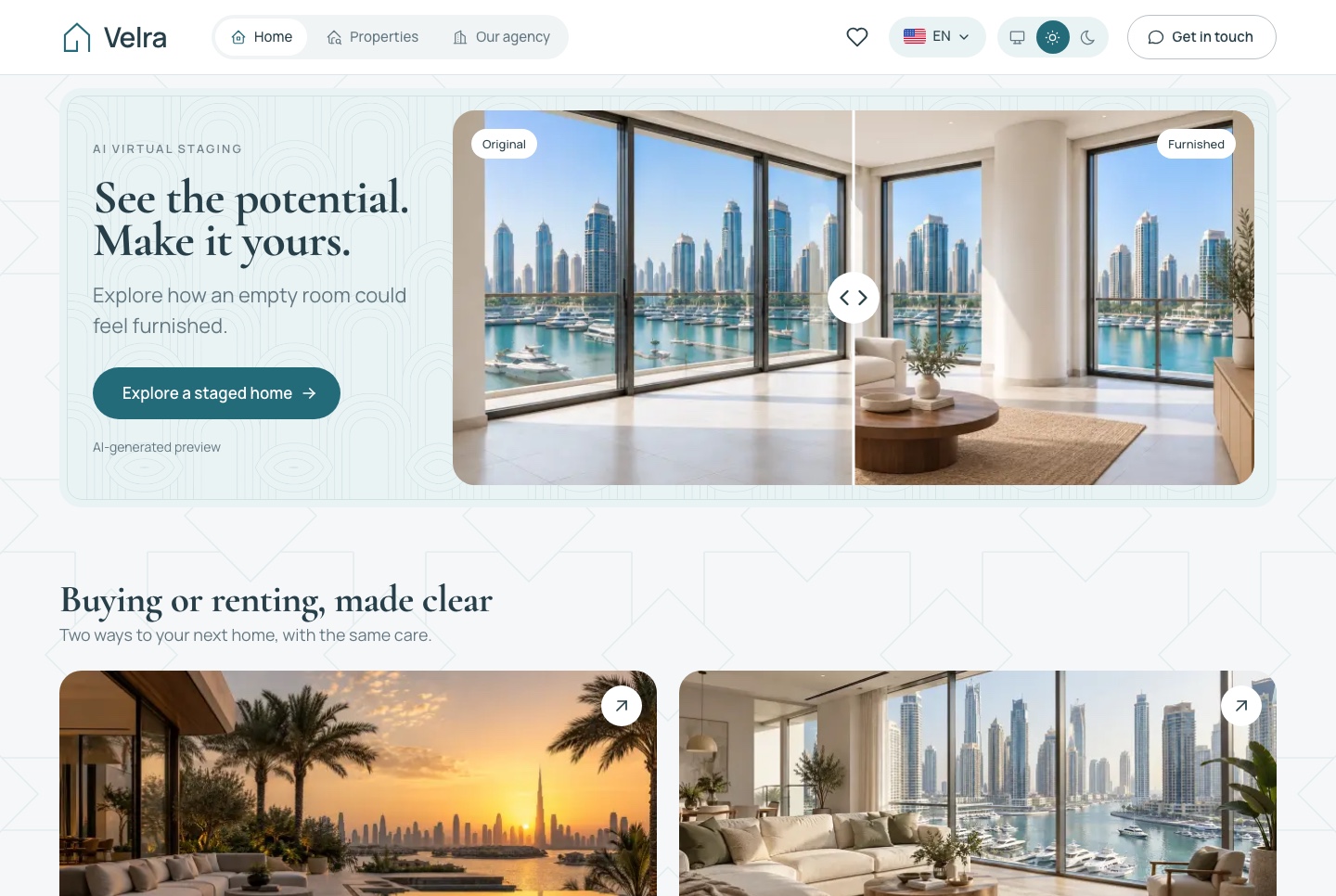 Home: virtual staging preview, buying or renting, light theme