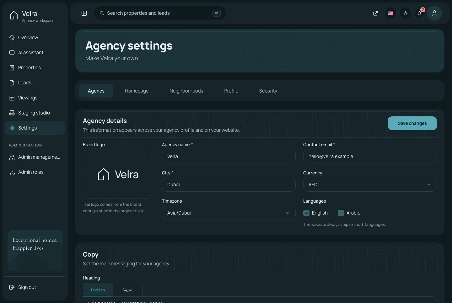 Settings, dark theme