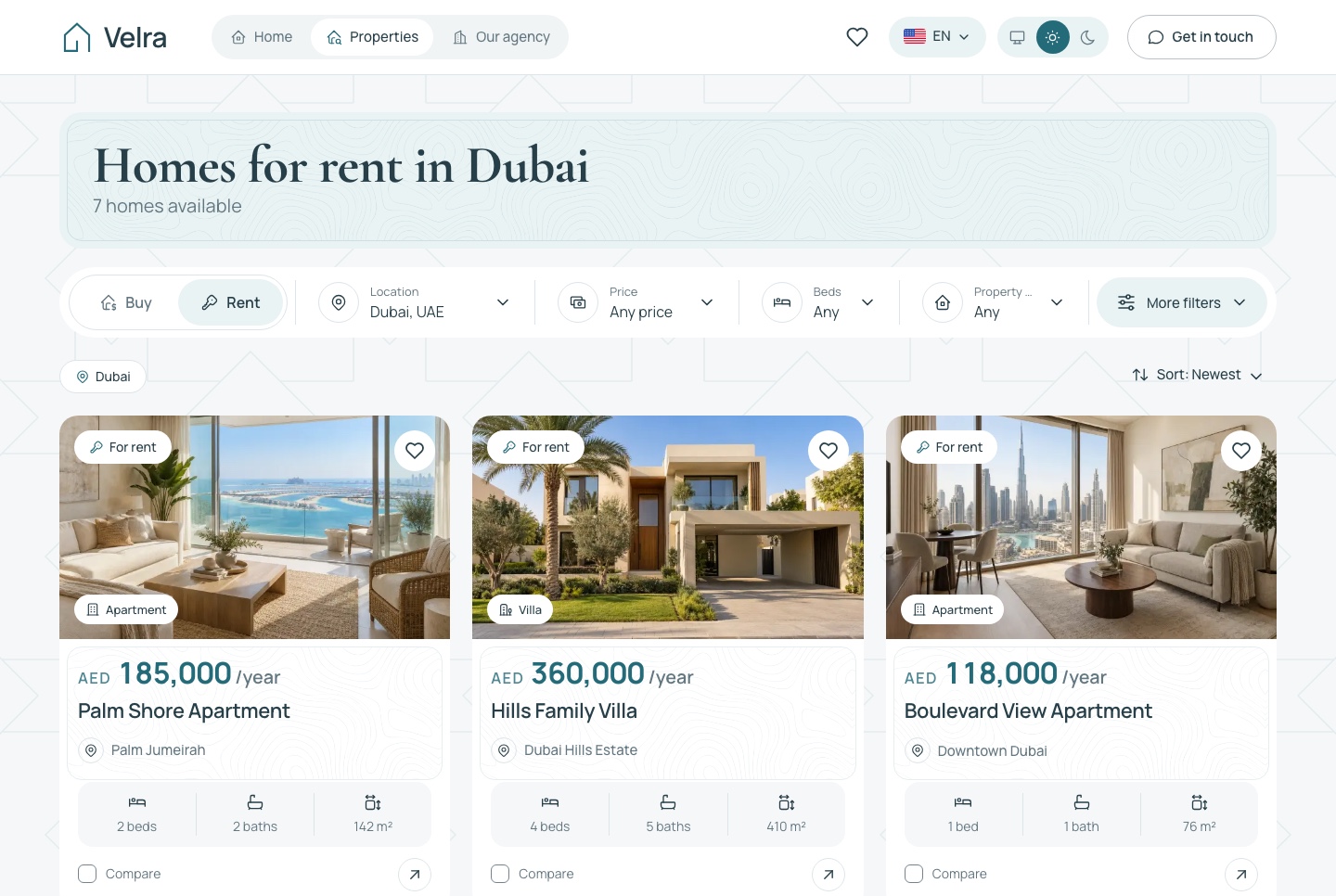 Annual rentals, priced per year, light theme