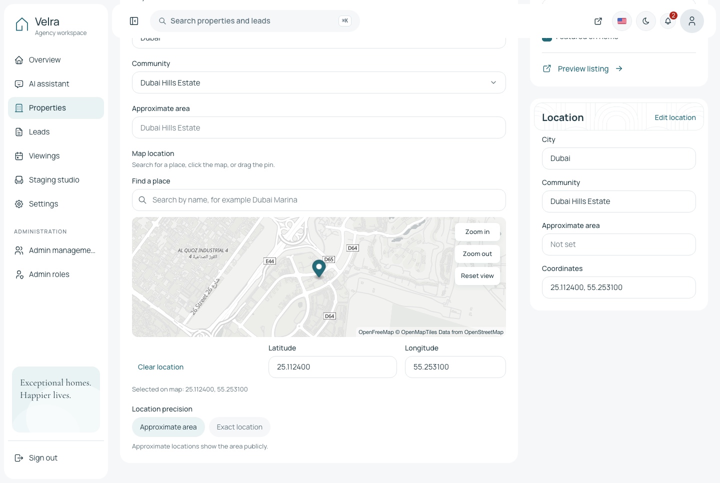 The listing's place on the map, light theme