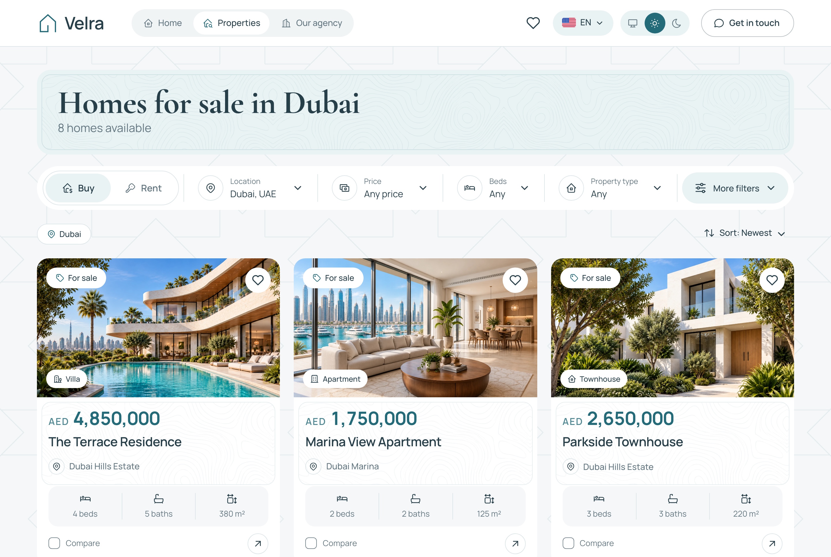 Homes for sale with the filter toolbar, light theme