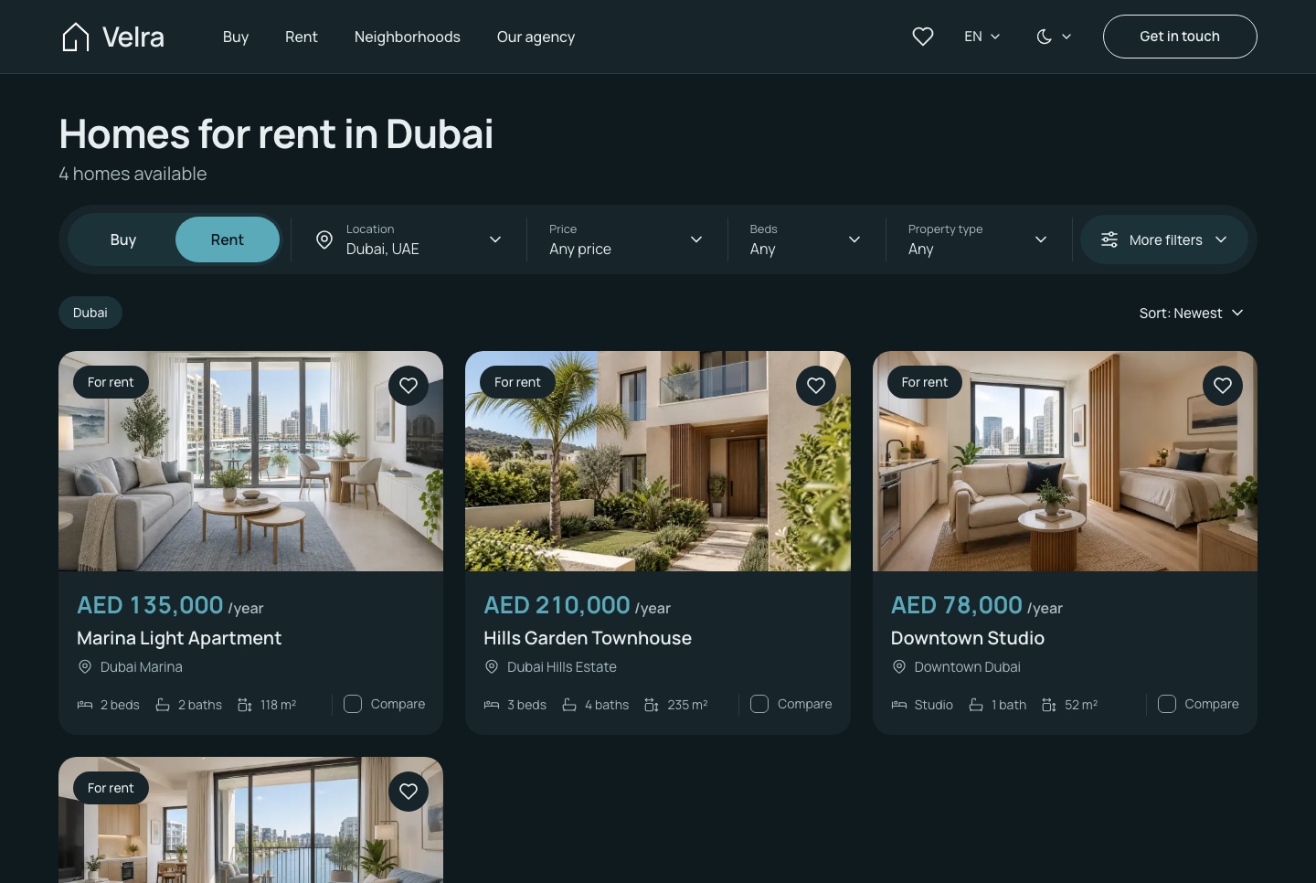 Annual rentals, priced per year, dark theme