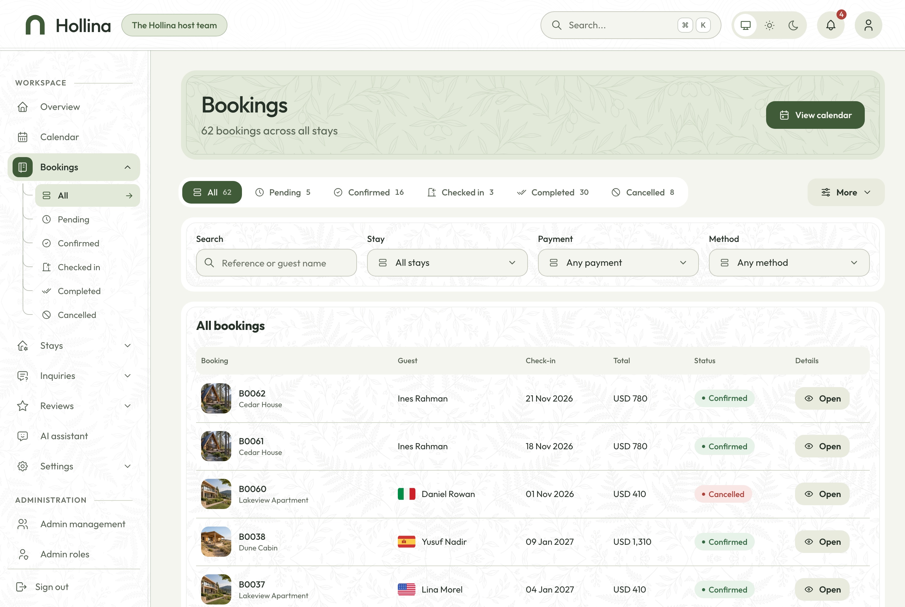 Bookings, light theme