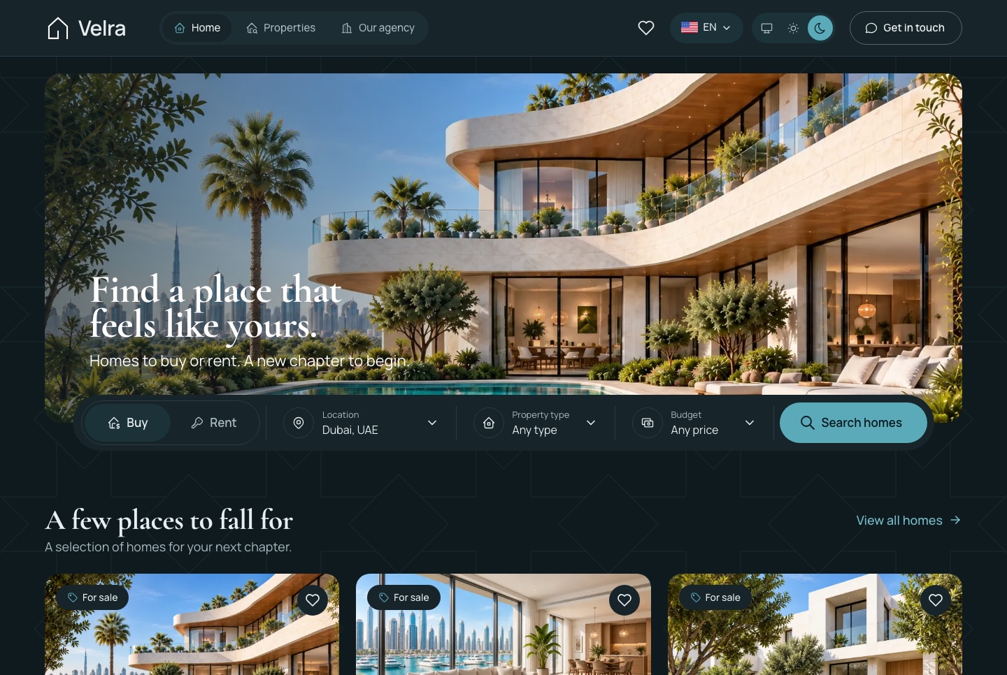 Home: the hero, its search and popular areas, dark theme