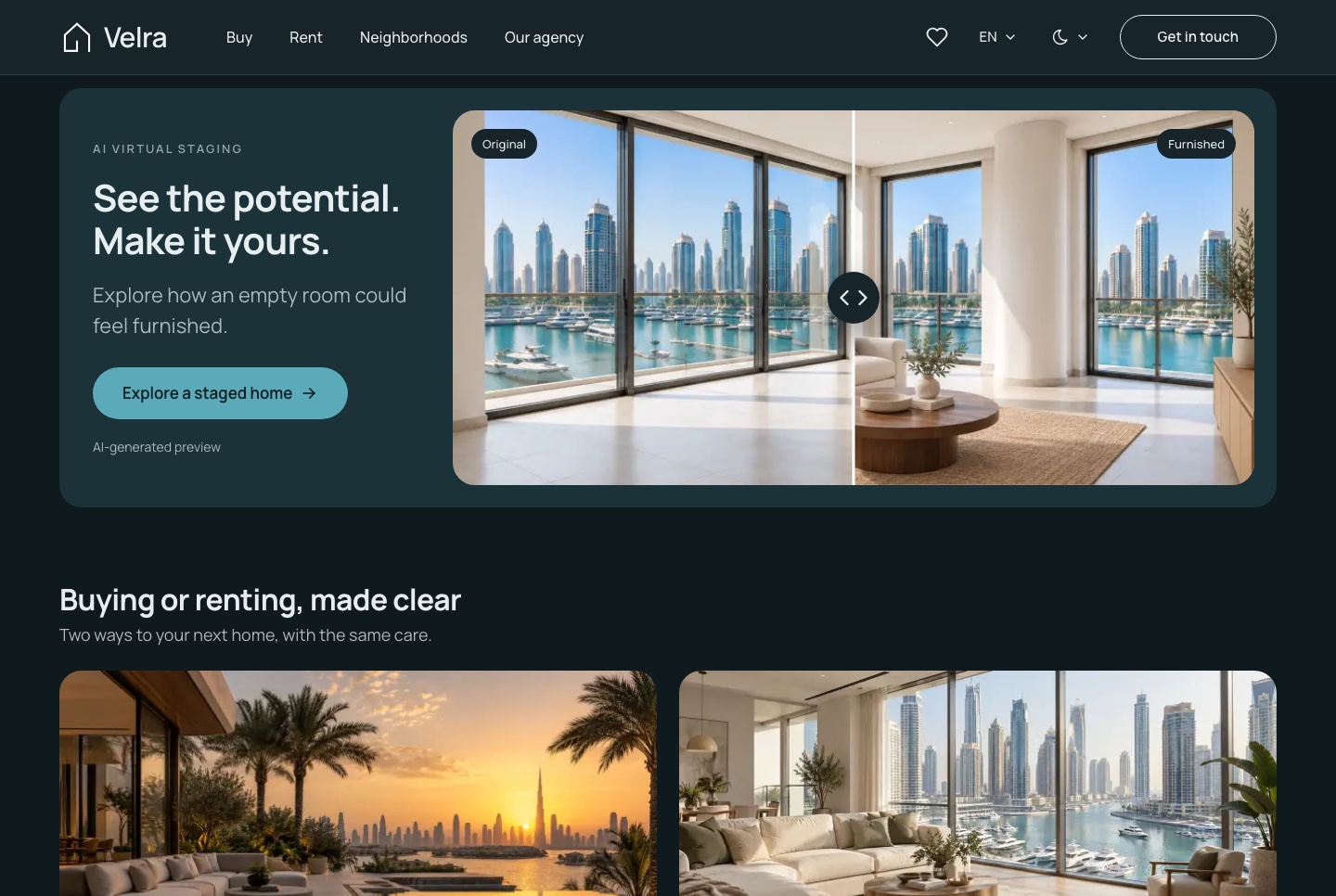 Home: virtual staging preview, buying or renting, dark theme