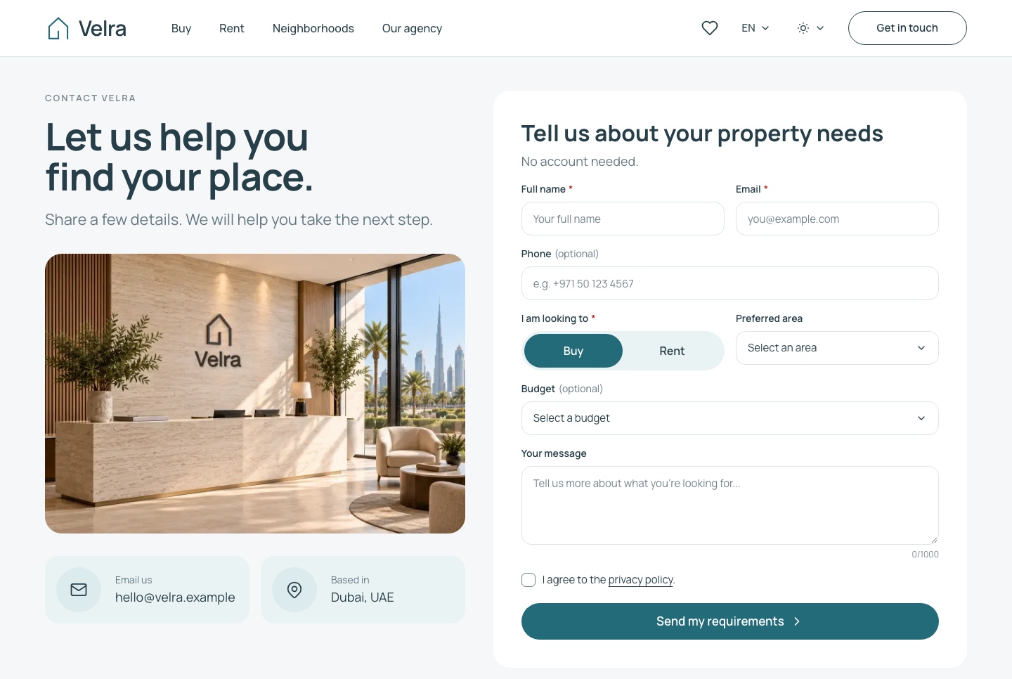 Contact and requirements form, light theme