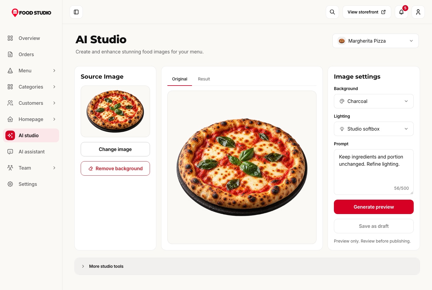 AI studio for dish photos, light theme