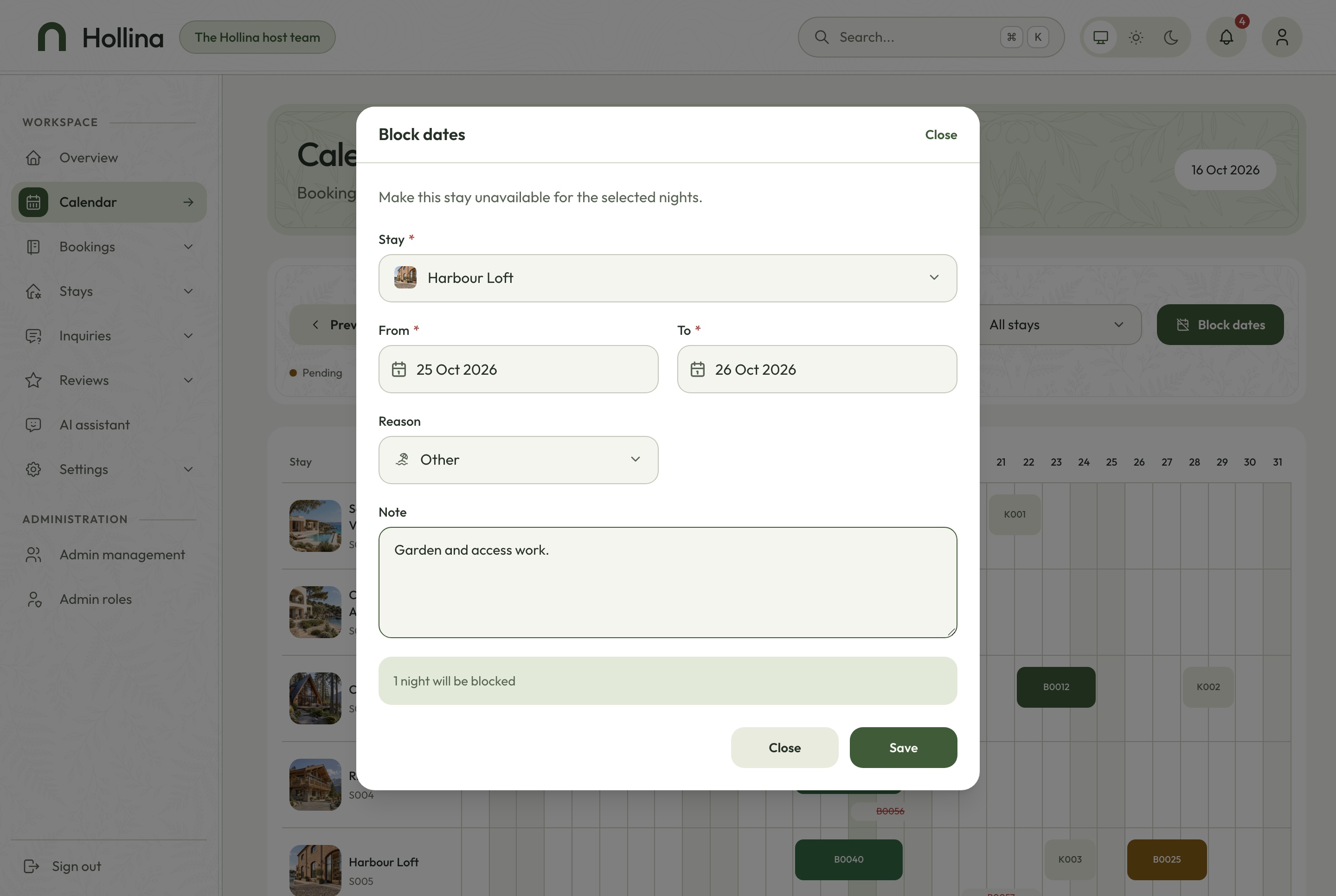 Block dates dialog, light theme