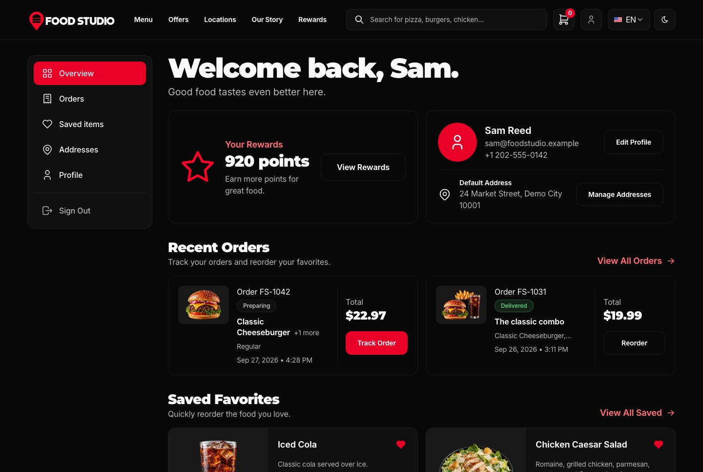 Account: reward points, recent orders, saved dishes, dark theme