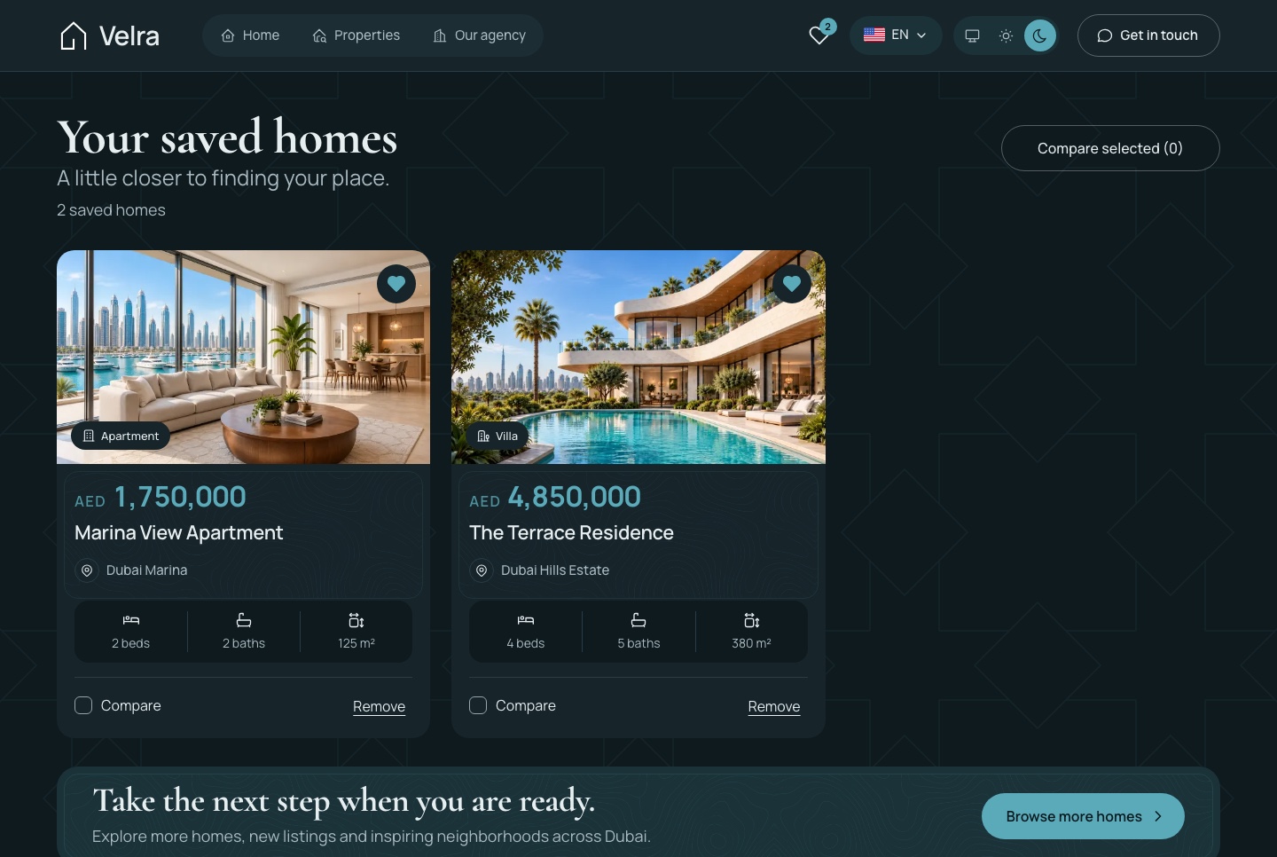 Saved homes on this device, dark theme