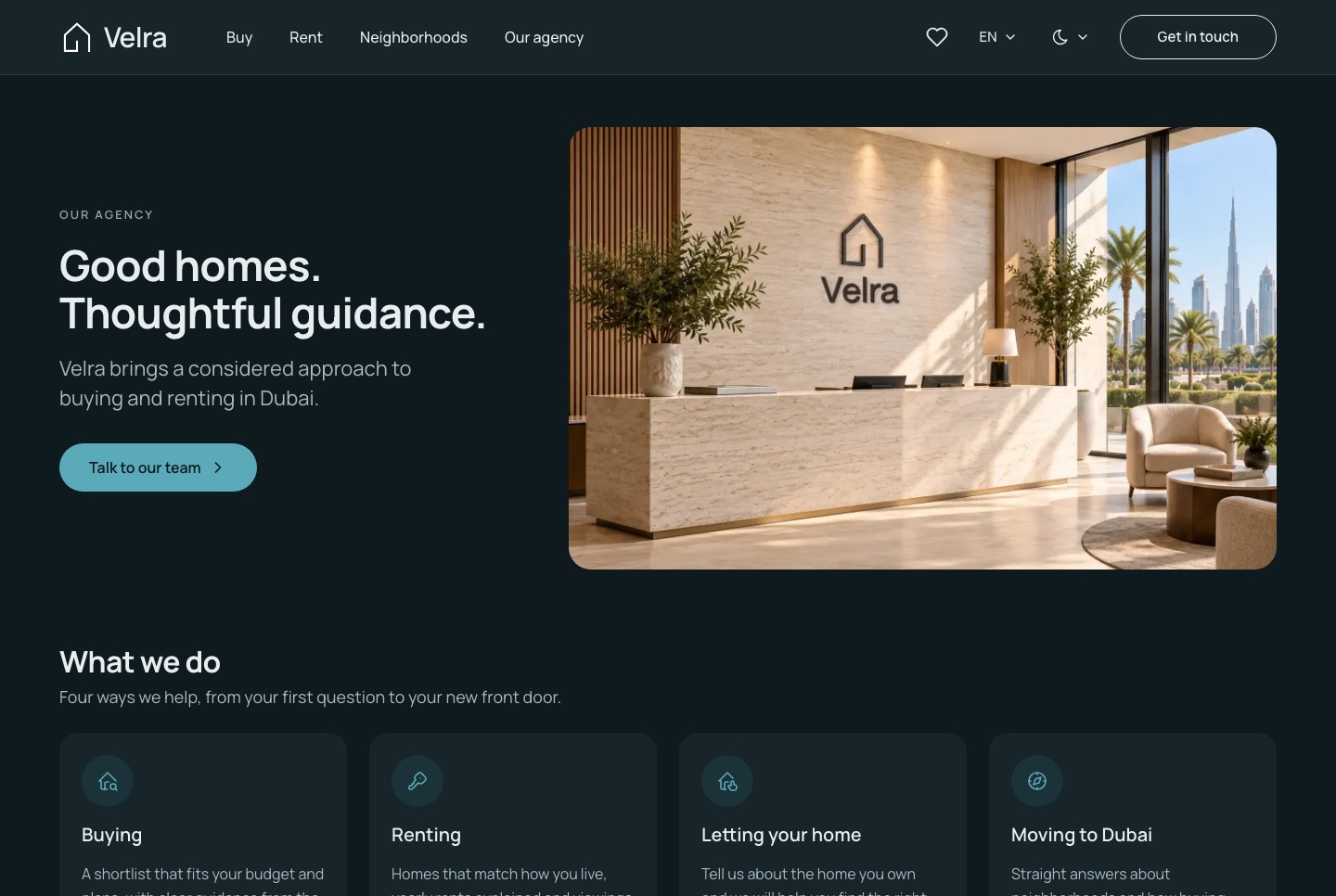 The agency page, dark theme