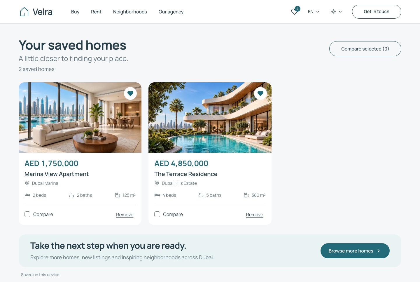 Saved homes on this device, light theme