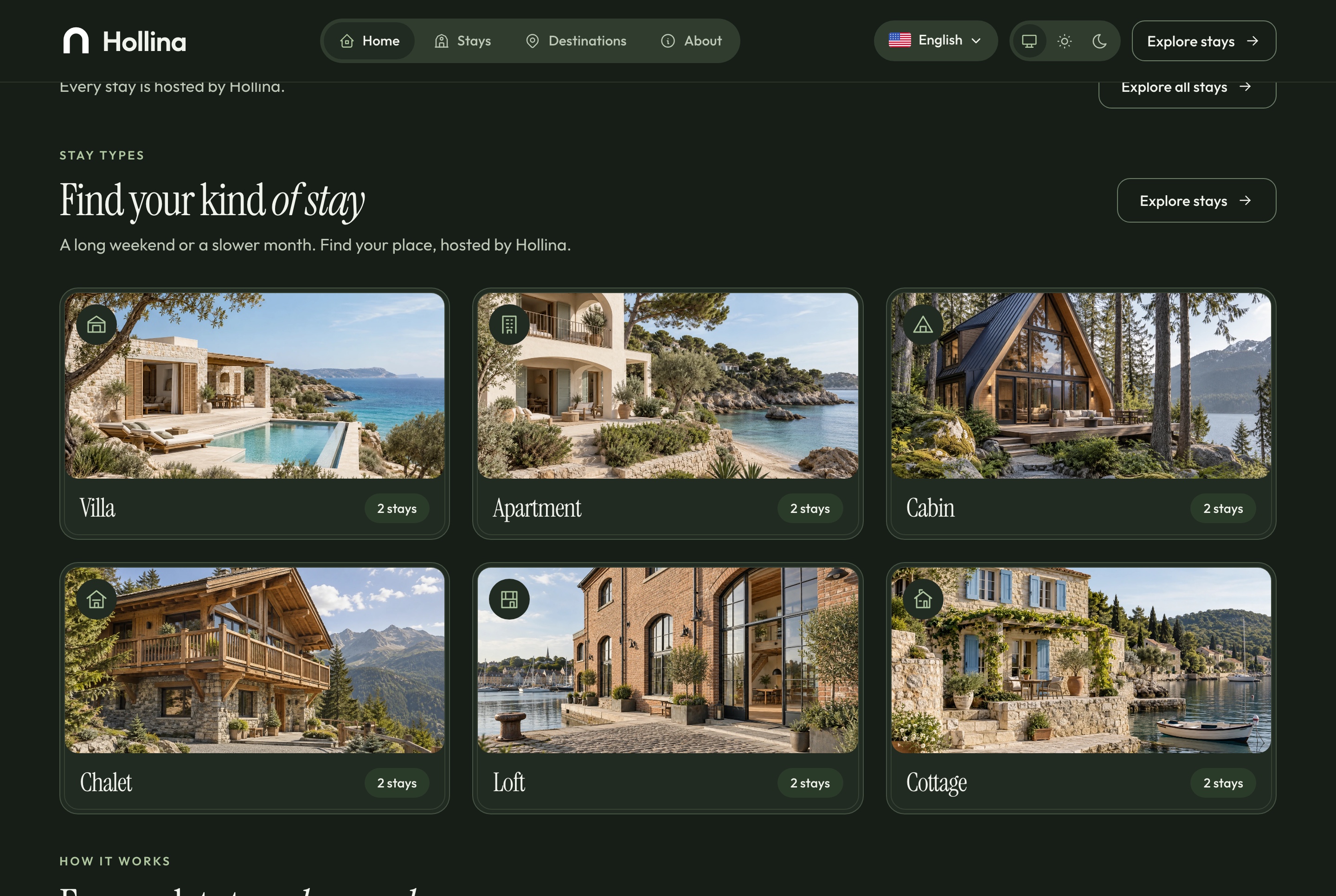 Home: stay types and how it works, dark theme