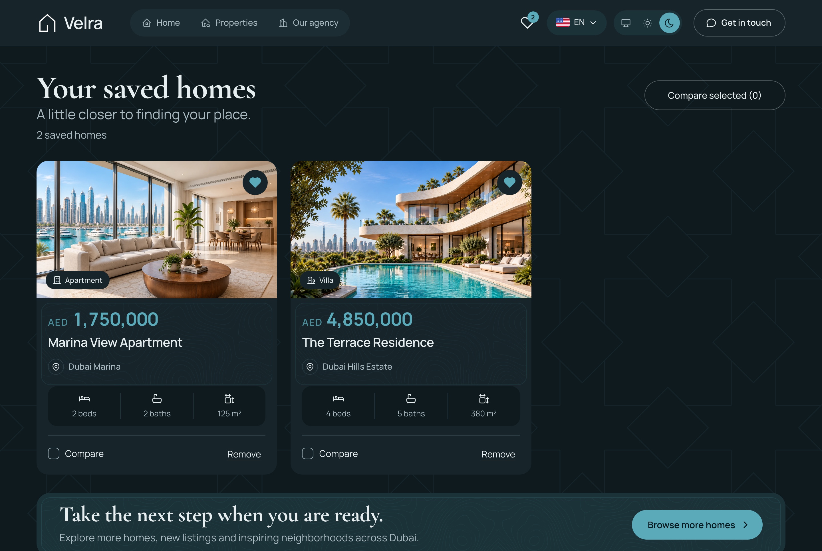 Saved homes on this device, dark theme