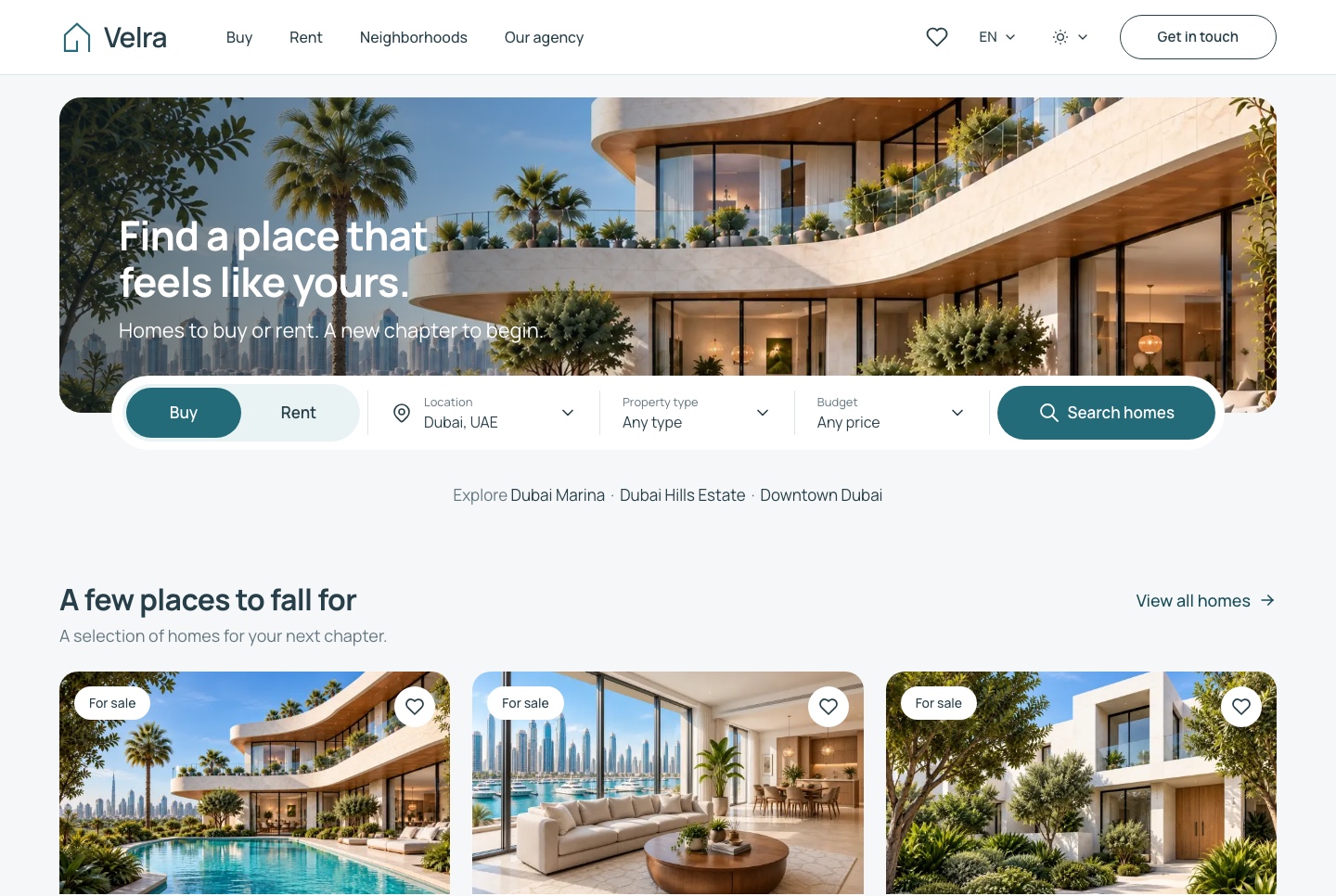 Home: hero search, featured homes, light theme