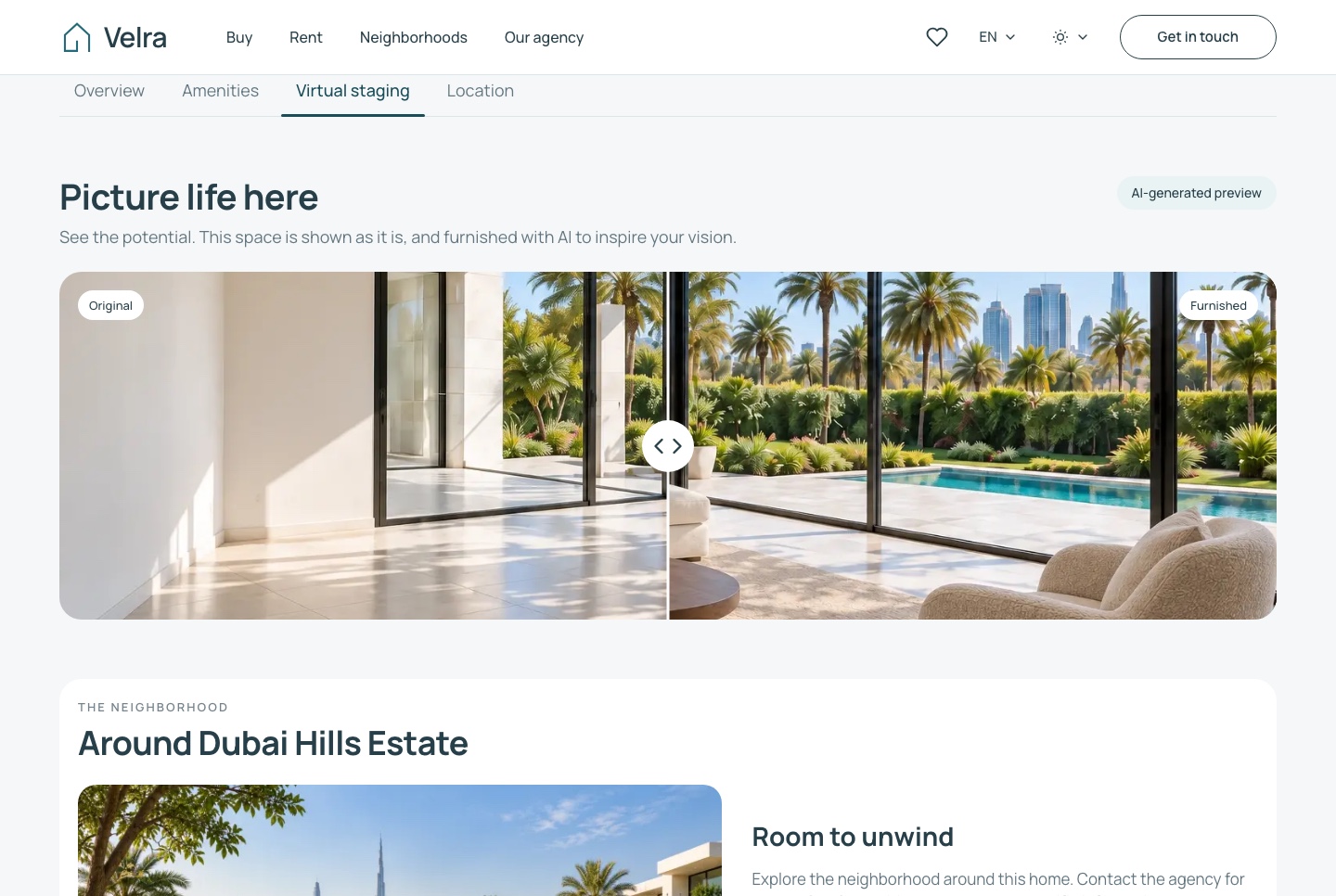 Property detail: the AI staging comparison and the area, light theme