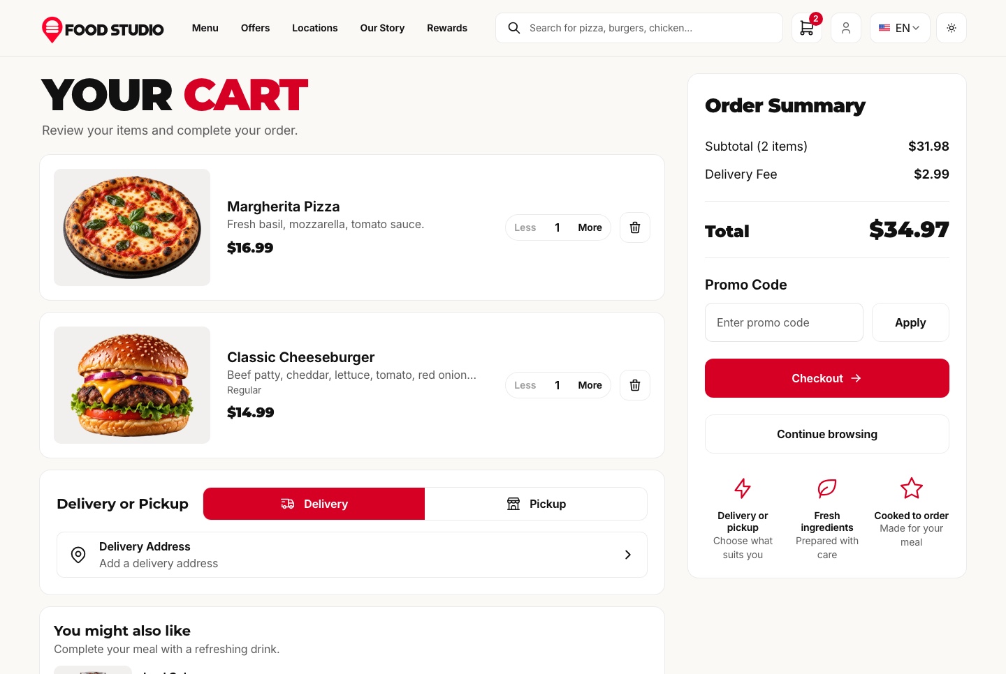 Cart with delivery or pickup, light theme