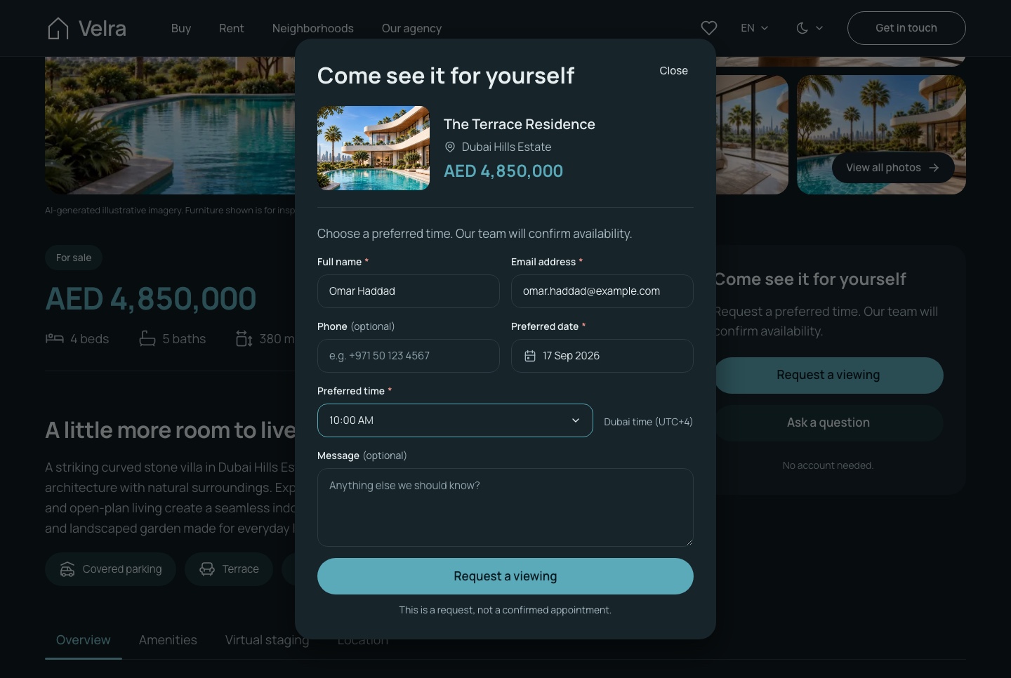 The viewing request dialog, dark theme