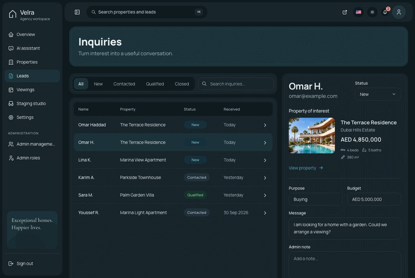 Leads with the detail panel, dark theme