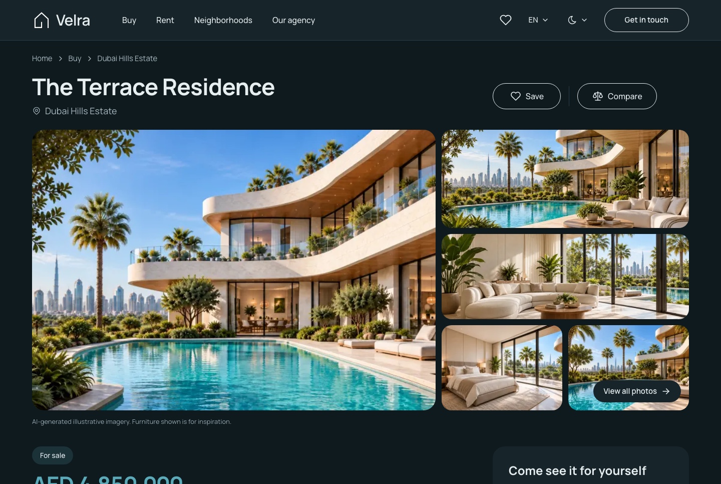 Property detail: gallery, facts, price, viewing card, dark theme