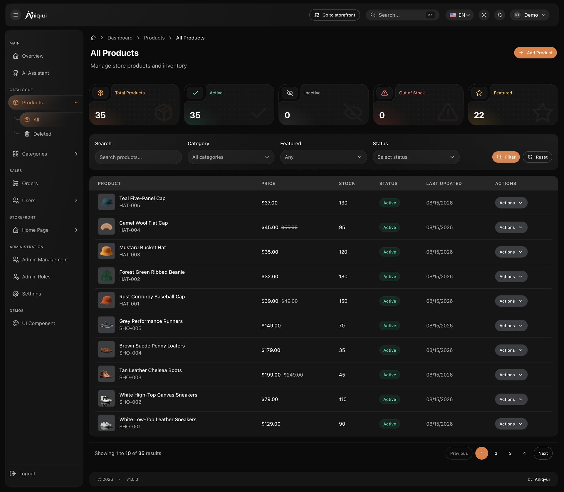 Dark mode product management table with stock, sale prices and status chips