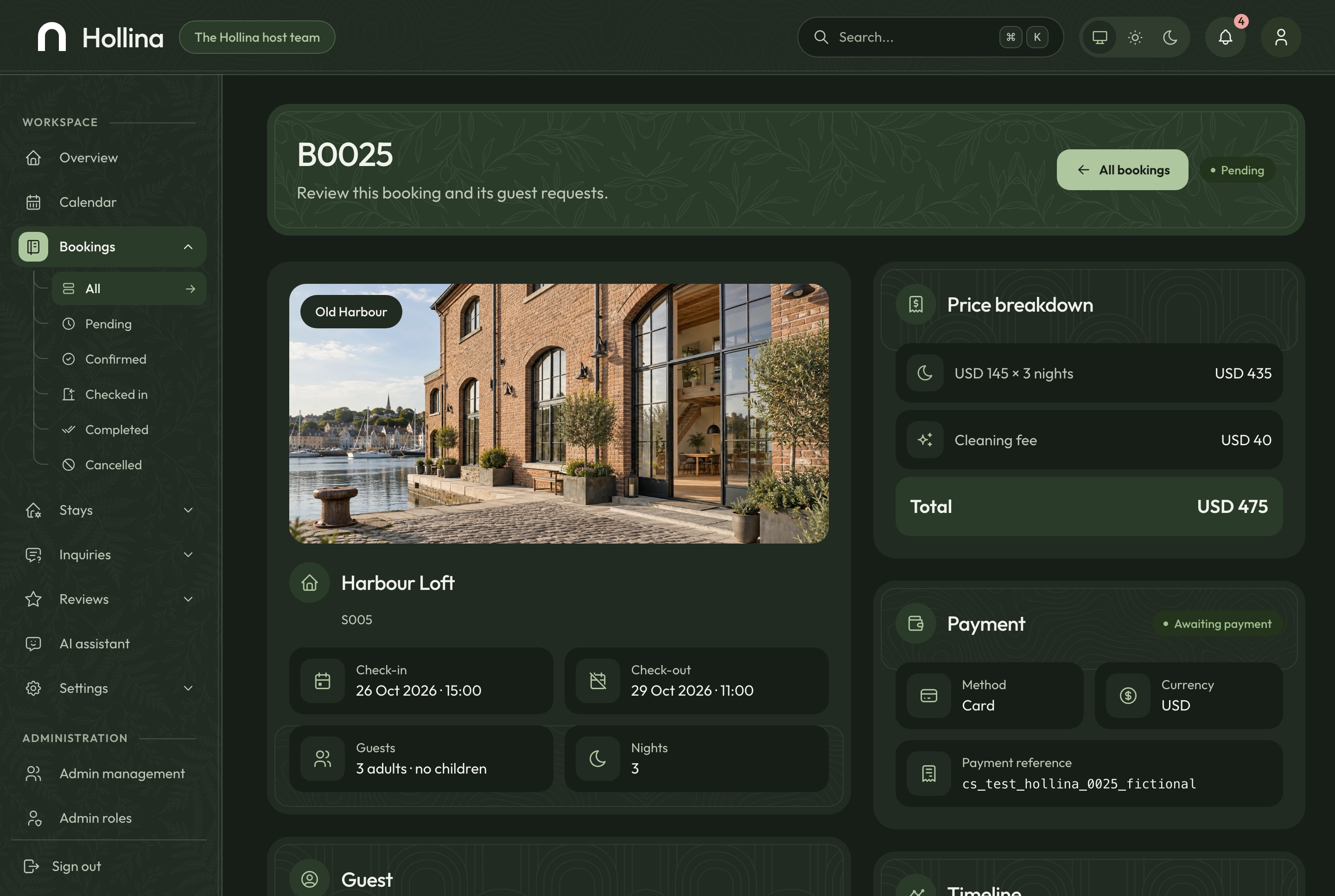 Booking detail, dark theme