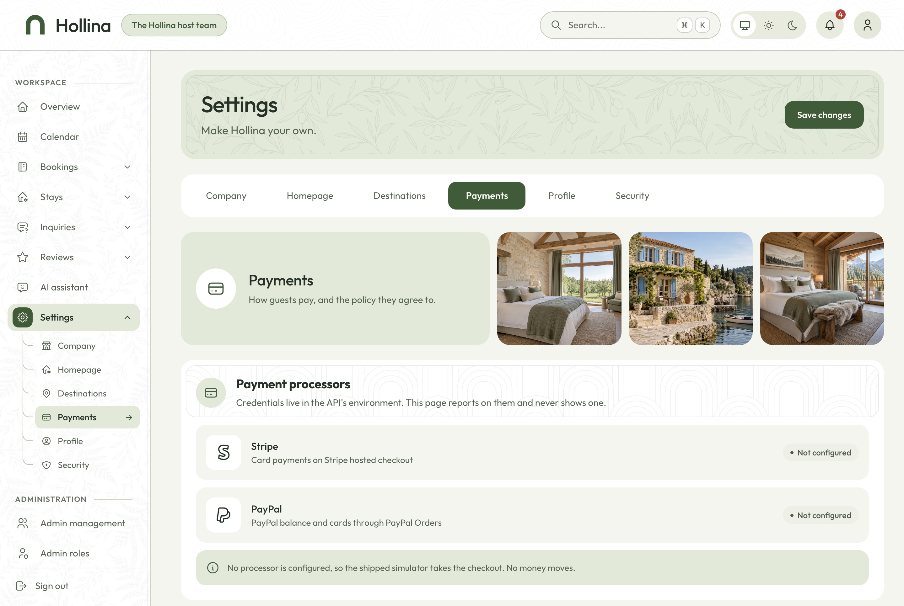 Settings: payments, light theme
