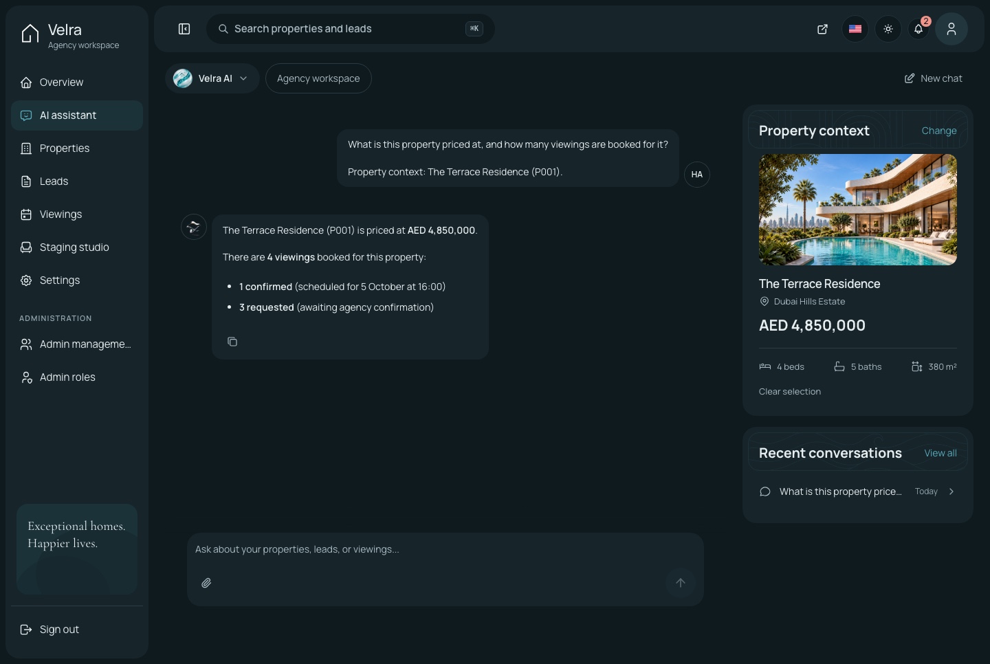 The assistant answering about a property, dark theme
