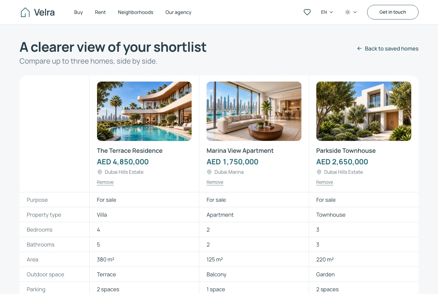 Three homes compared, light theme