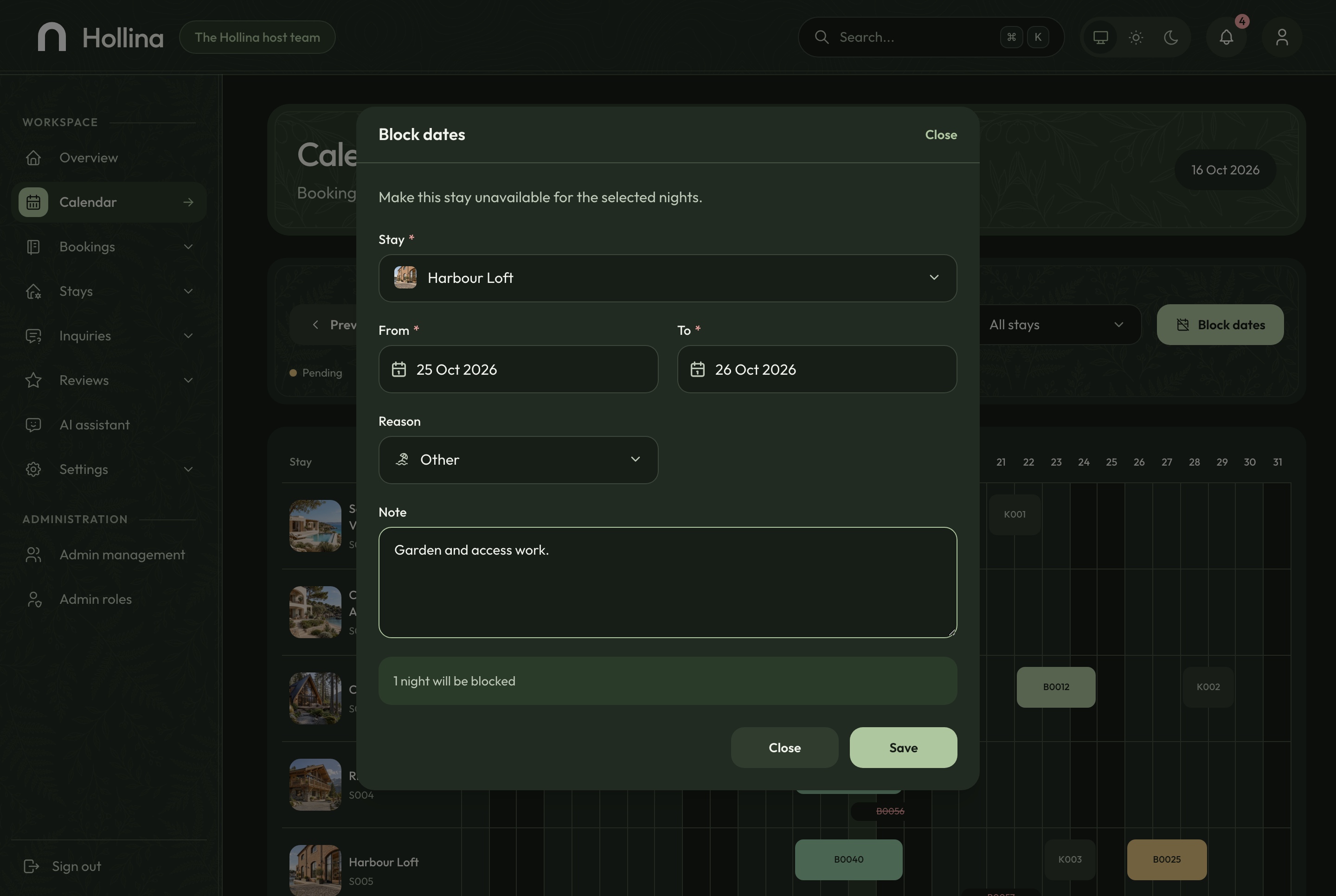 Block dates dialog, dark theme