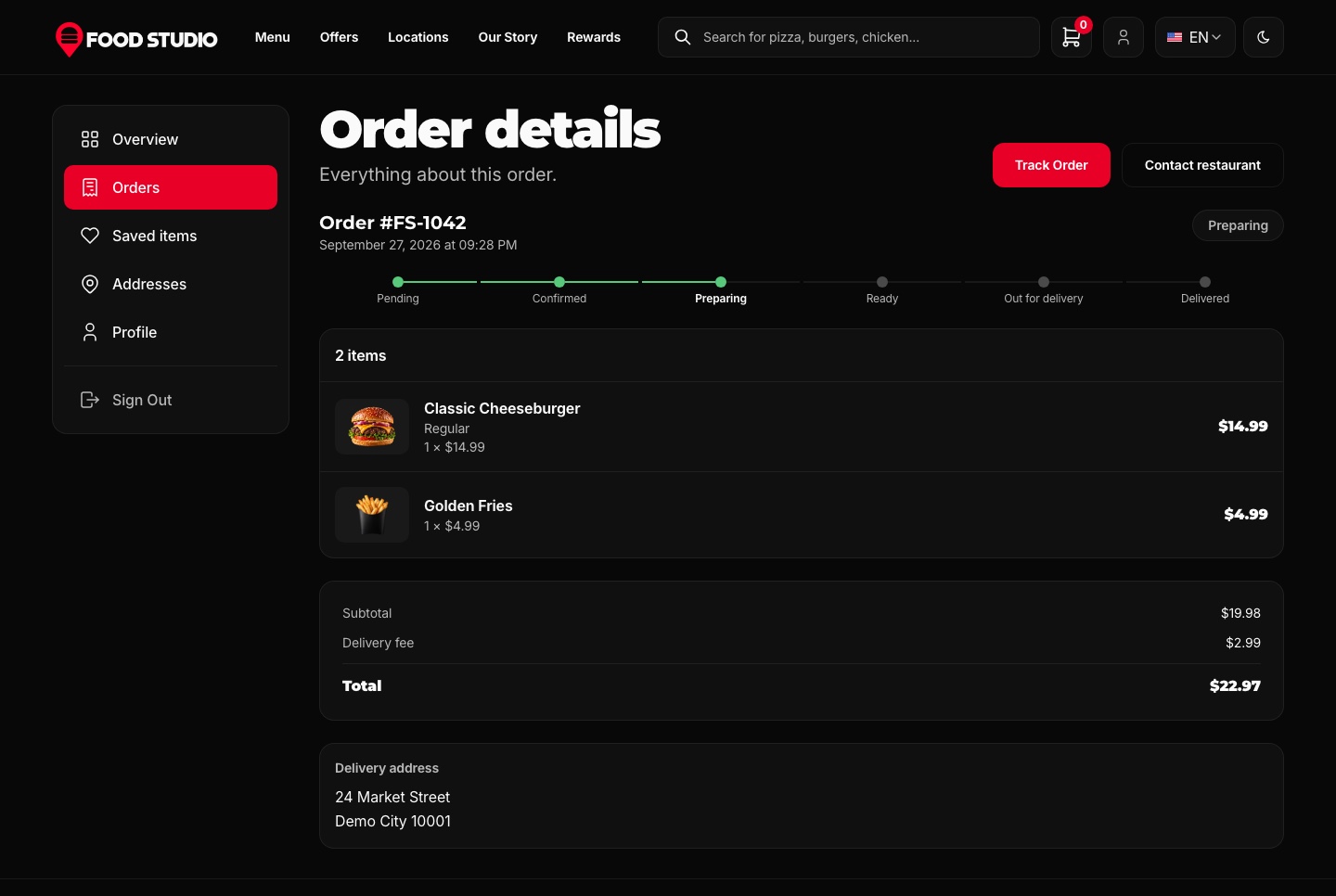 Order tracking: the order being prepared, dark theme
