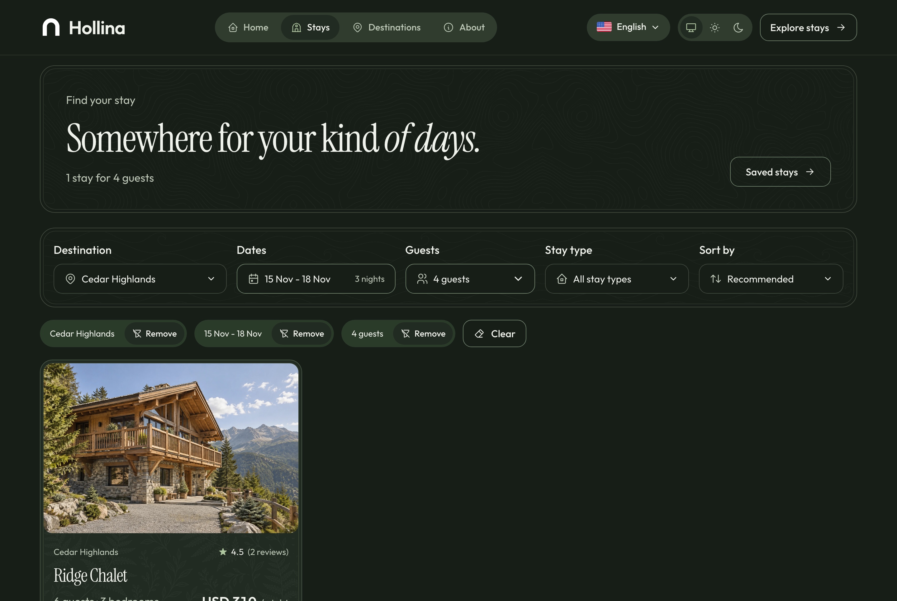 Stays list, filtered, dark theme