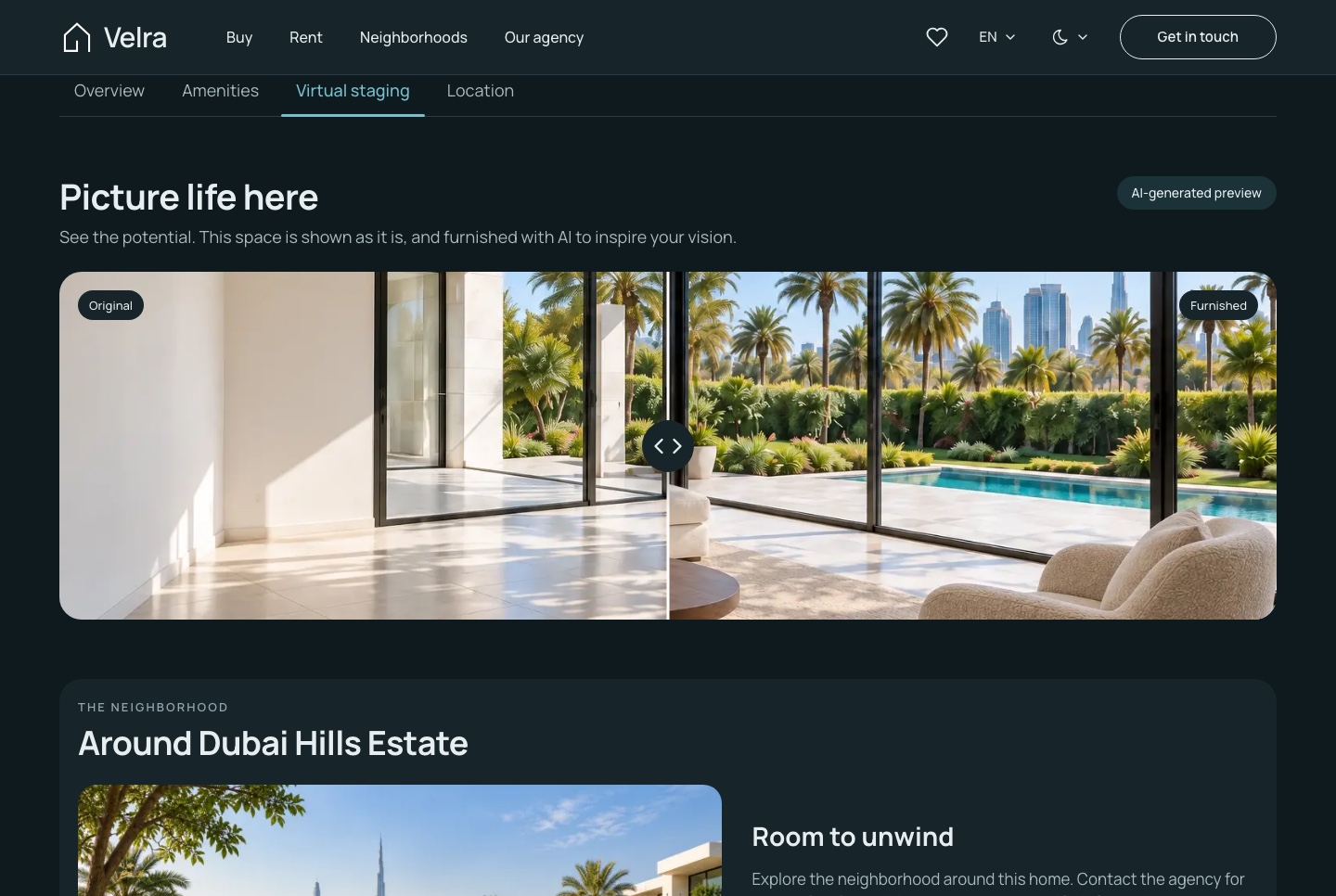 Property detail: the AI staging comparison and the area, dark theme