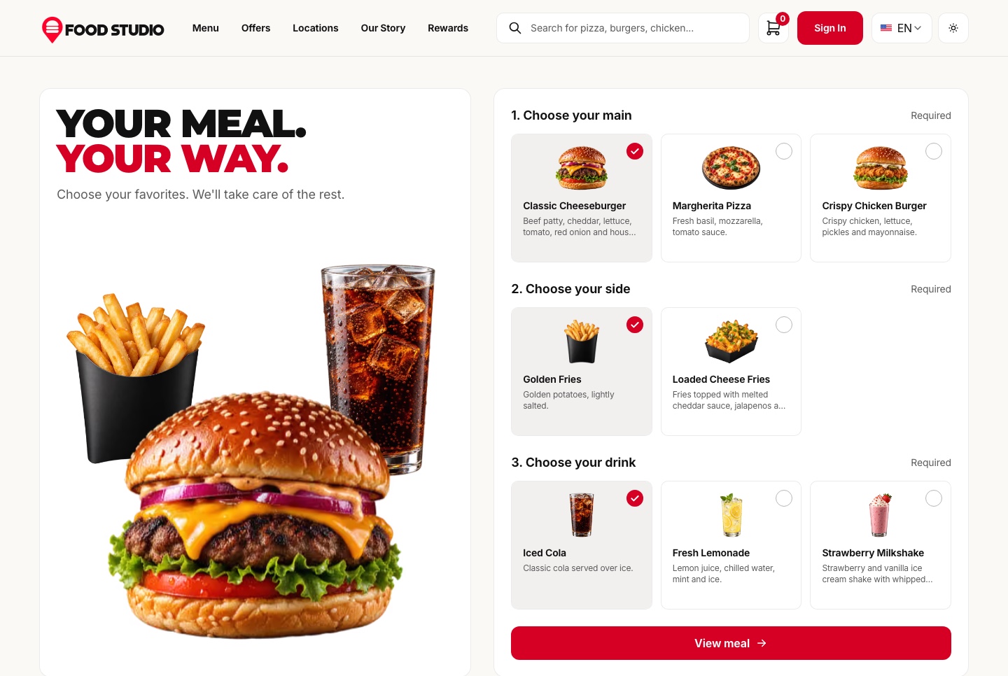 Home: the meal builder, light theme
